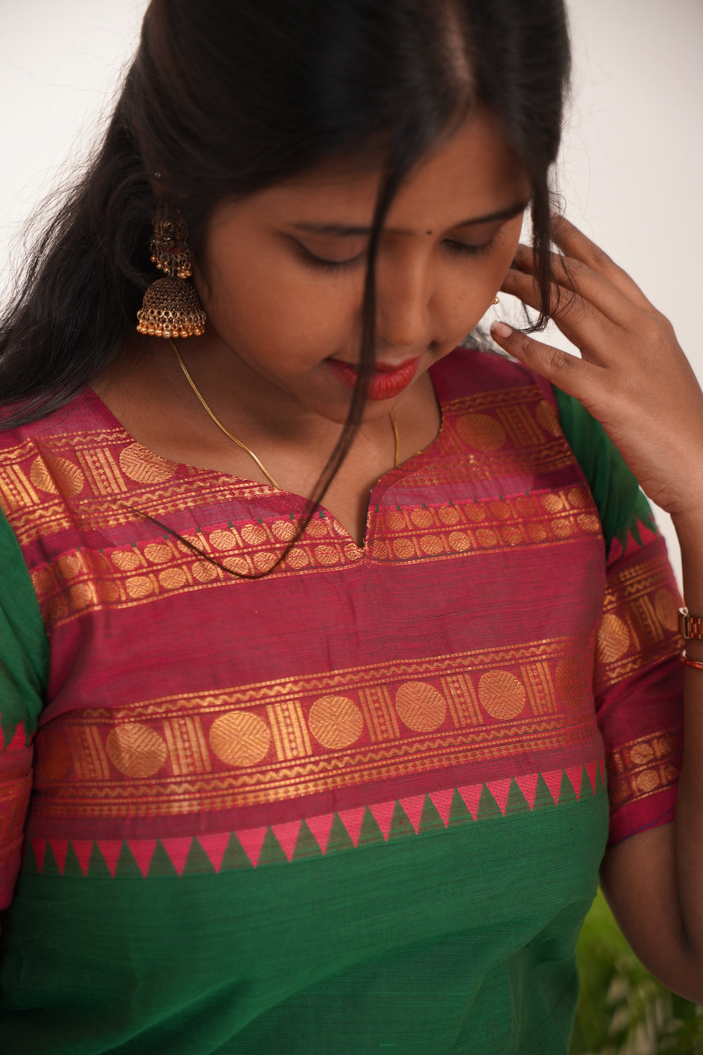 Green with Red Border Chettinad Cotton  Kurti - #NK013