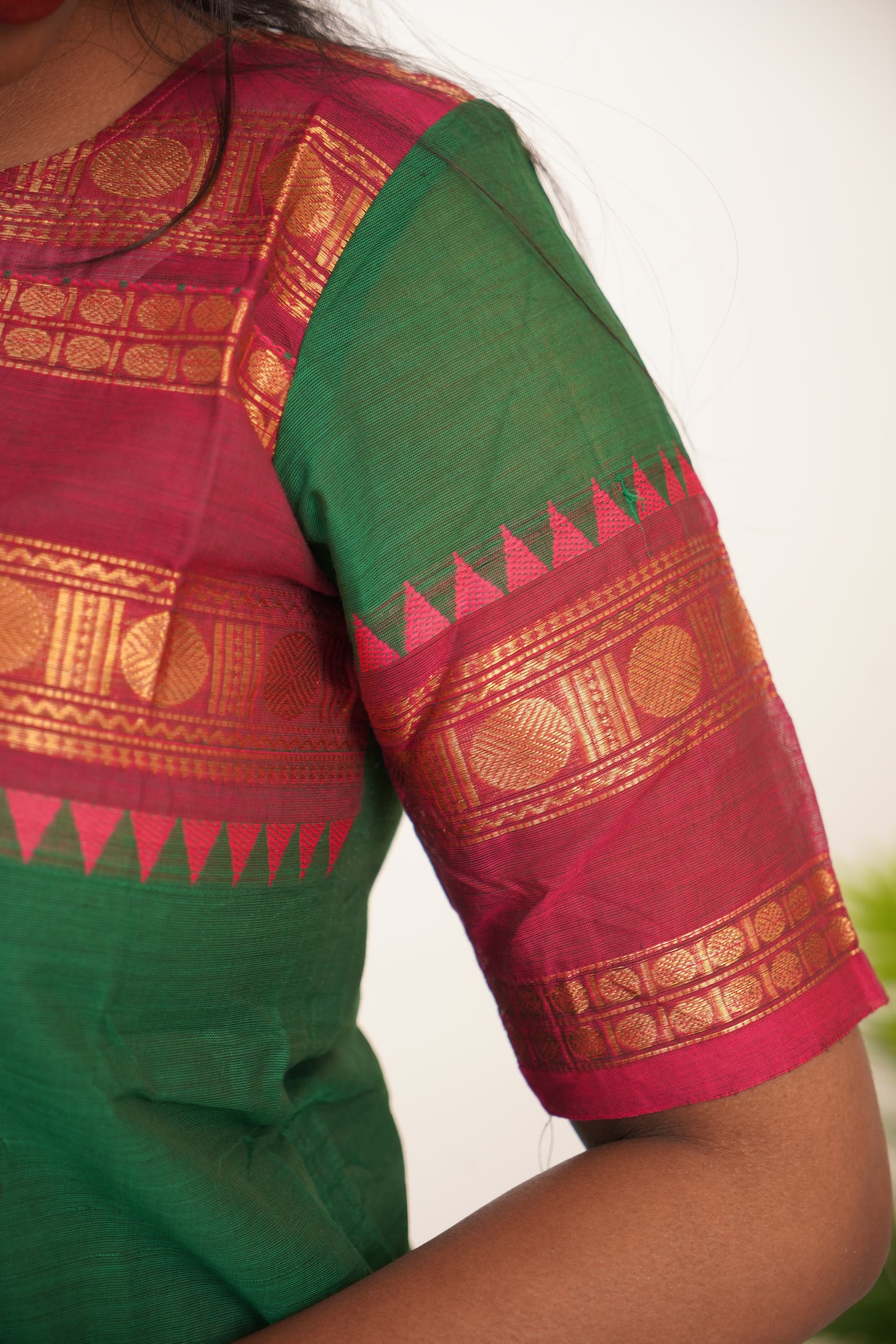 Green with Red Border Chettinad Cotton  Kurti - #NK013