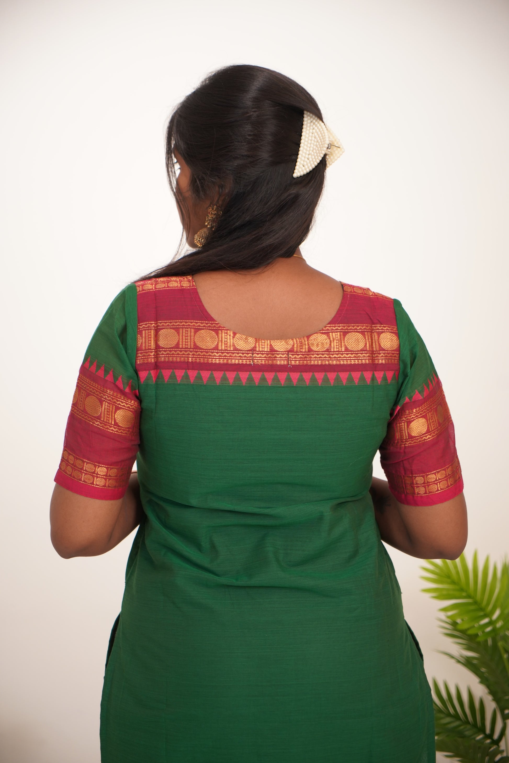 Green with Red Border Chettinad Cotton  Kurti - #NK013