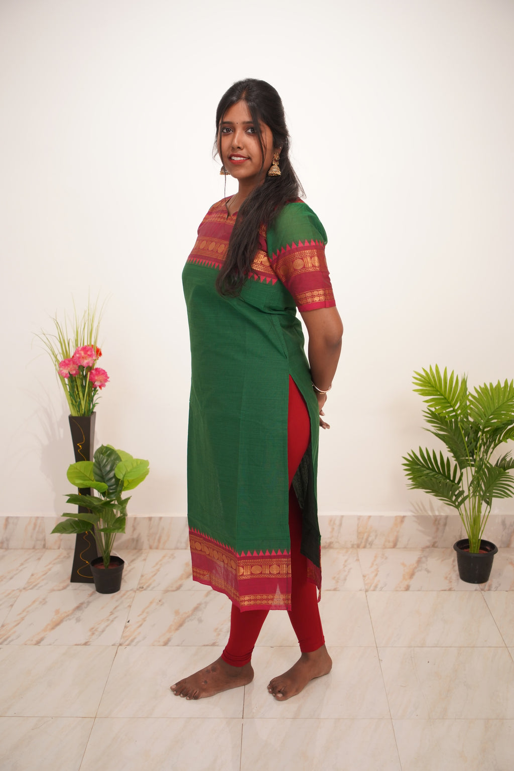 Green with Red Border Chettinad Cotton  Kurti - #NK013