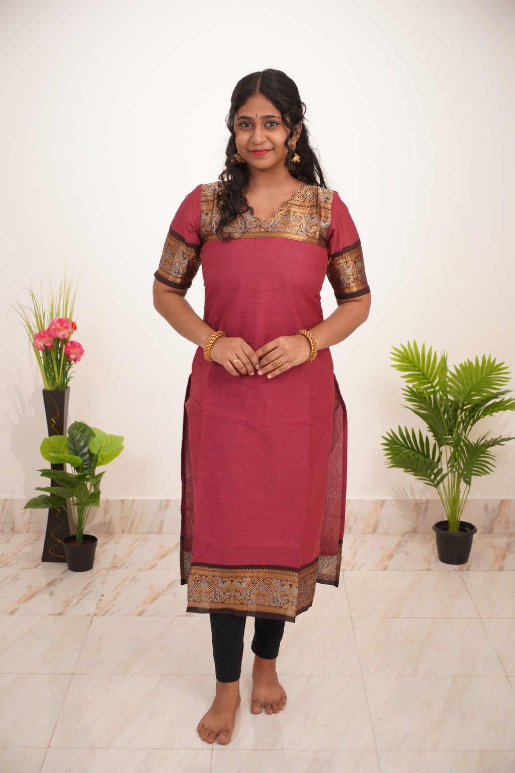 Onion Pink with Brown Border Chettinad Cotton  Kurti - #NK014