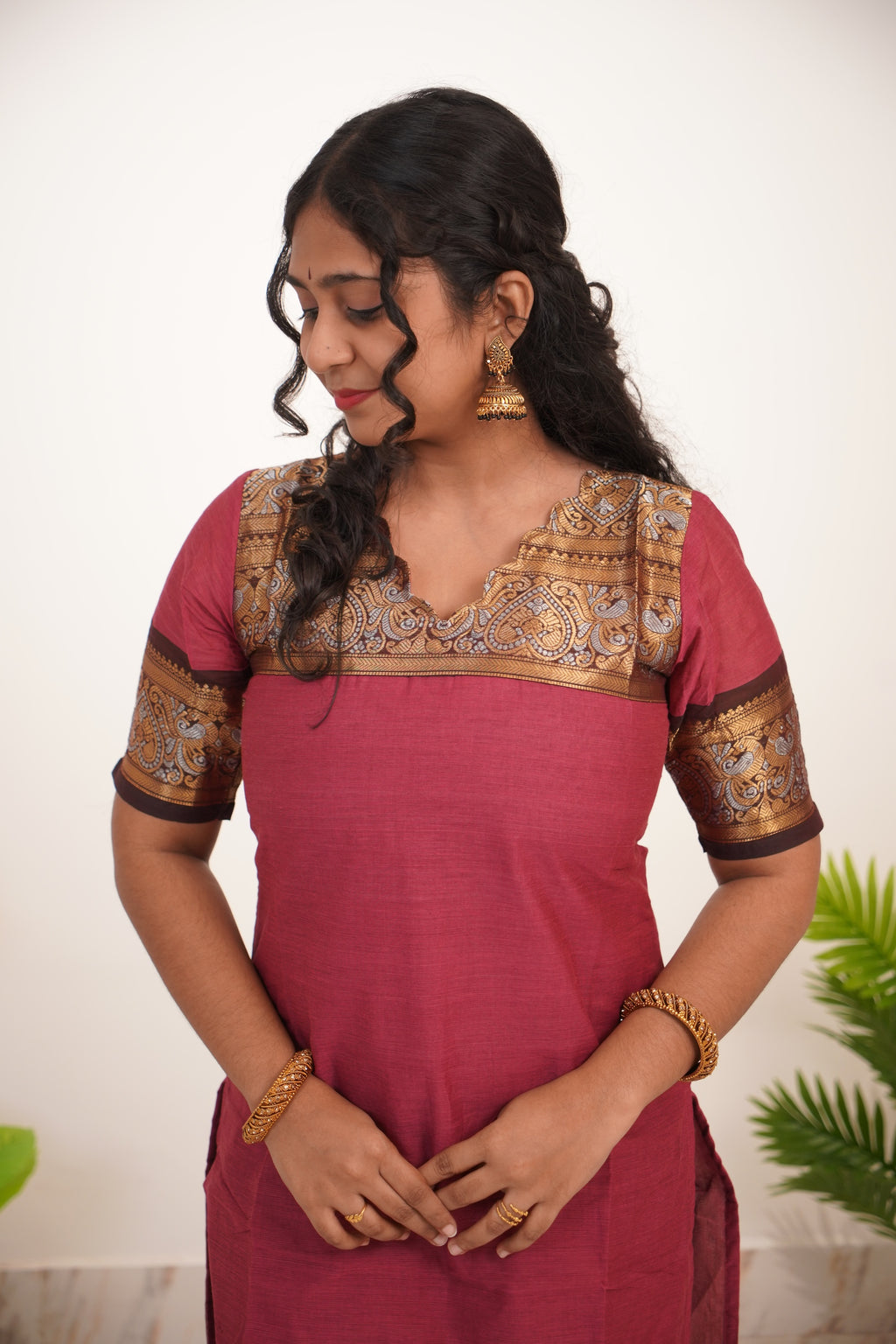 Onion Pink with Brown Border Chettinad Cotton  Kurti - #NK014