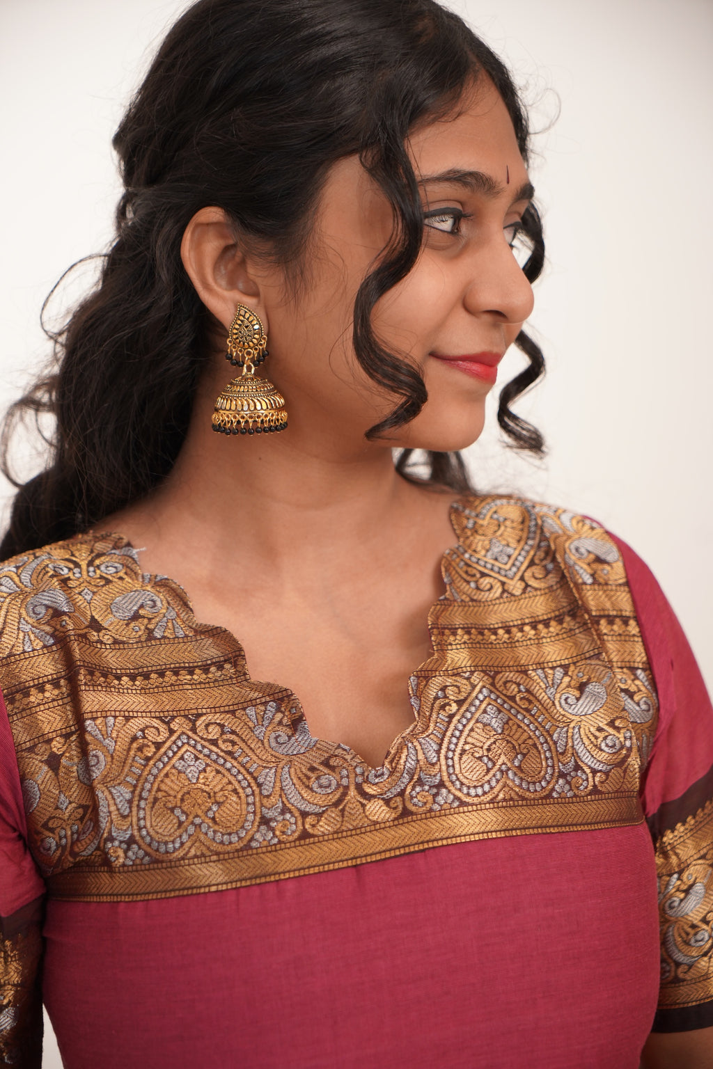 Onion Pink with Brown Border Chettinad Cotton  Kurti - #NK014