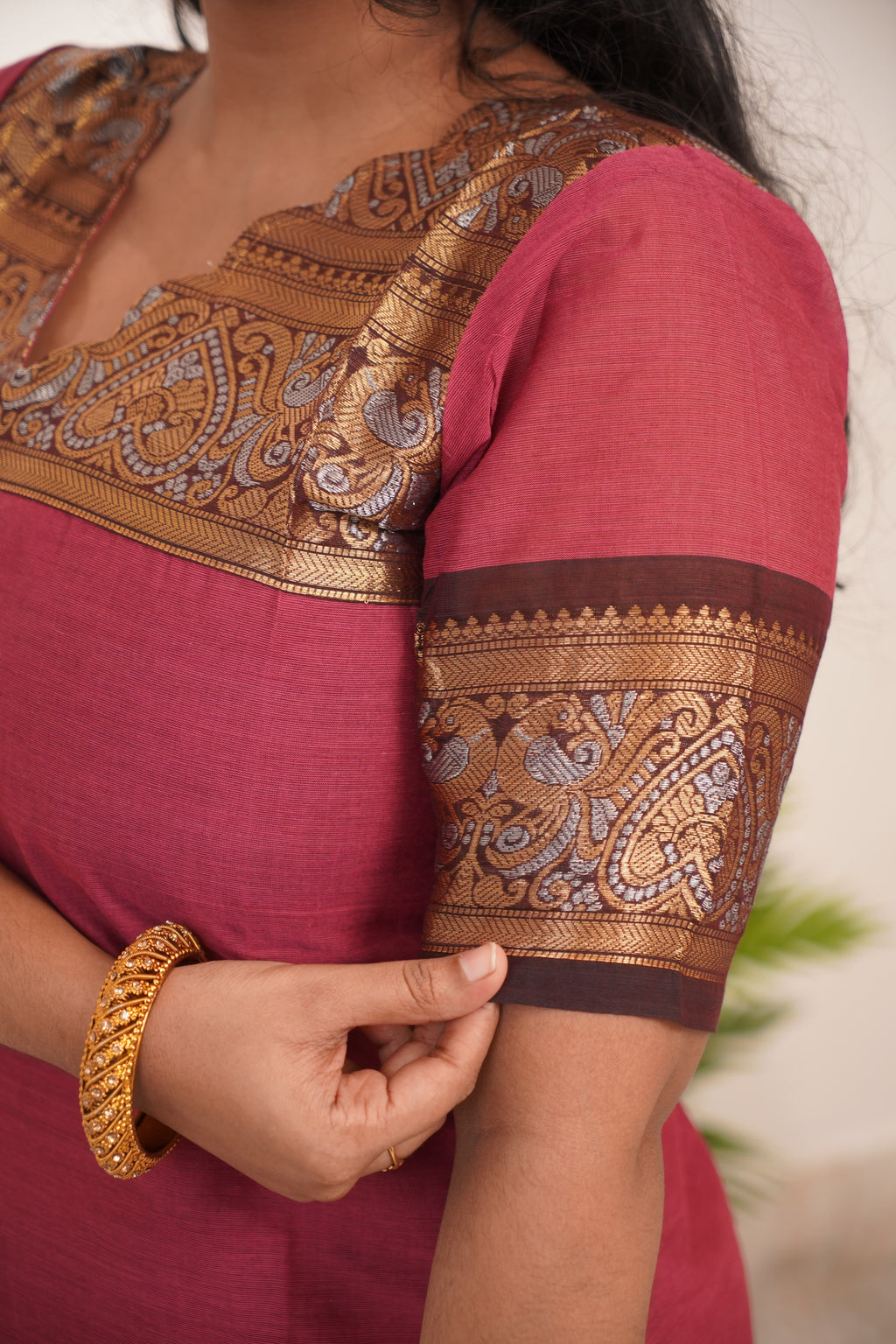 Onion Pink with Brown Border Chettinad Cotton  Kurti - #NK014
