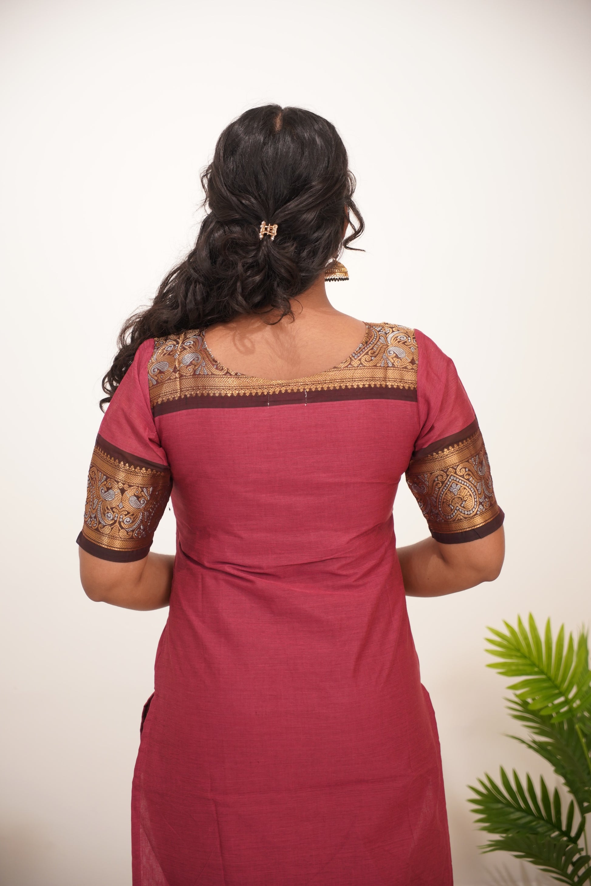 Onion Pink with Brown Border Chettinad Cotton  Kurti - #NK014