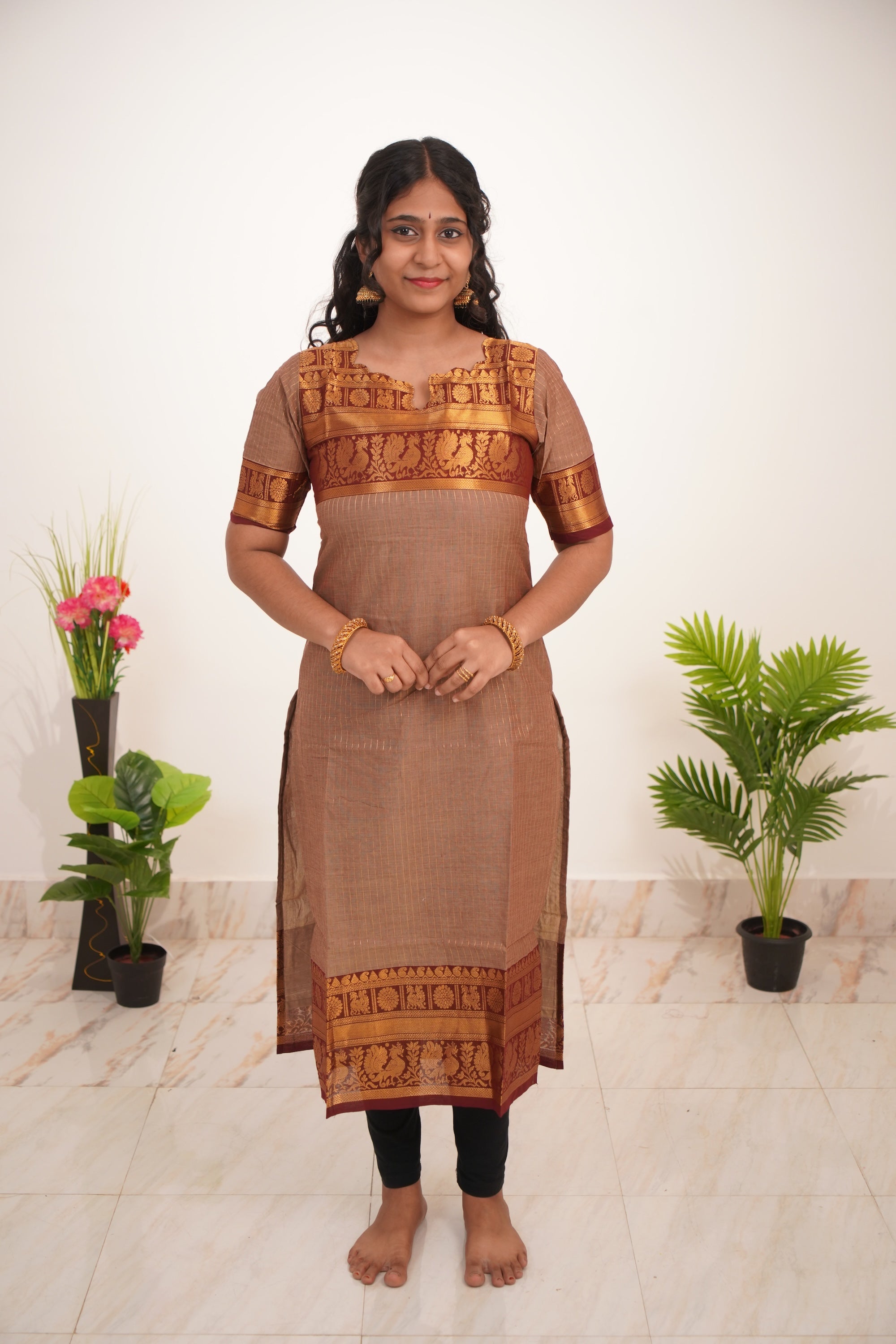 Beige with Brown Border Chettinad Cotton  Kurti - #NK015