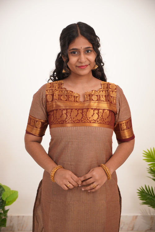 Beige with Brown Border Chettinad Cotton  Kurti - #NK015