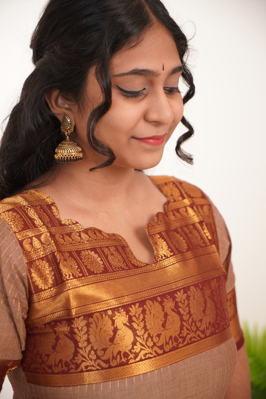 Beige with Brown Border Chettinad Cotton  Kurti - #NK015