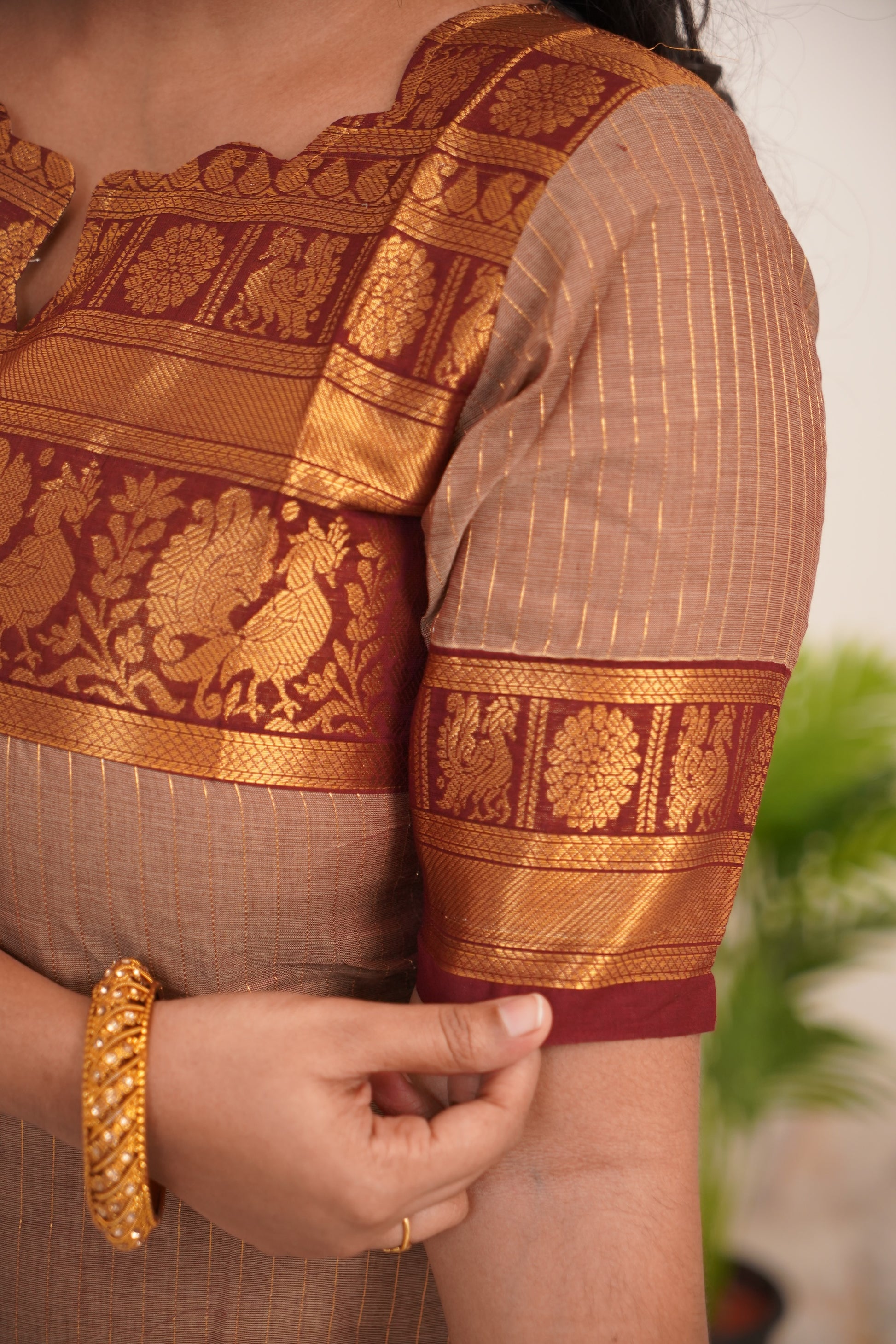 Beige with Brown Border Chettinad Cotton  Kurti - #NK015