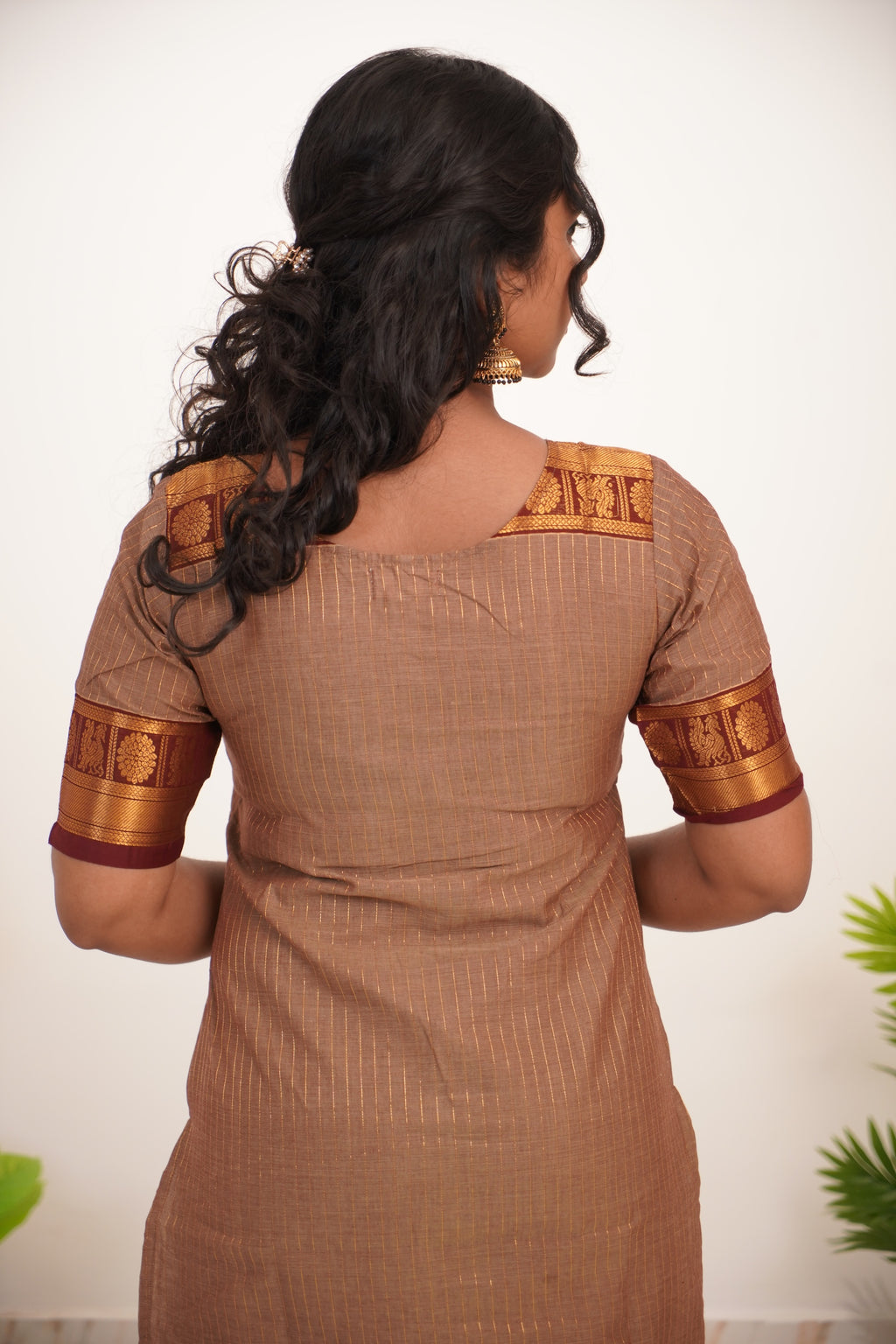 Beige with Brown Border Chettinad Cotton  Kurti - #NK015