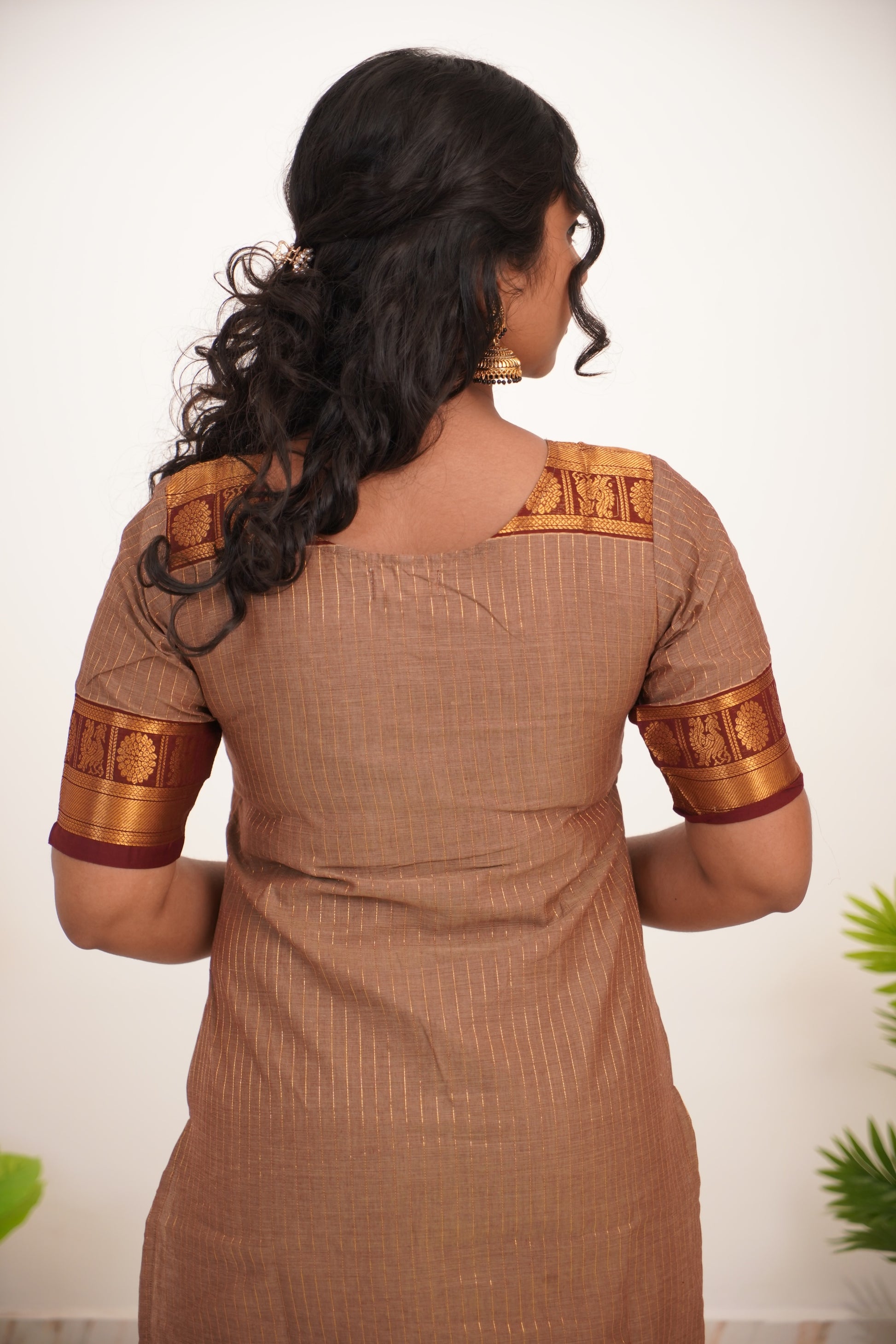 Beige with Brown Border Chettinad Cotton  Kurti - #NK015