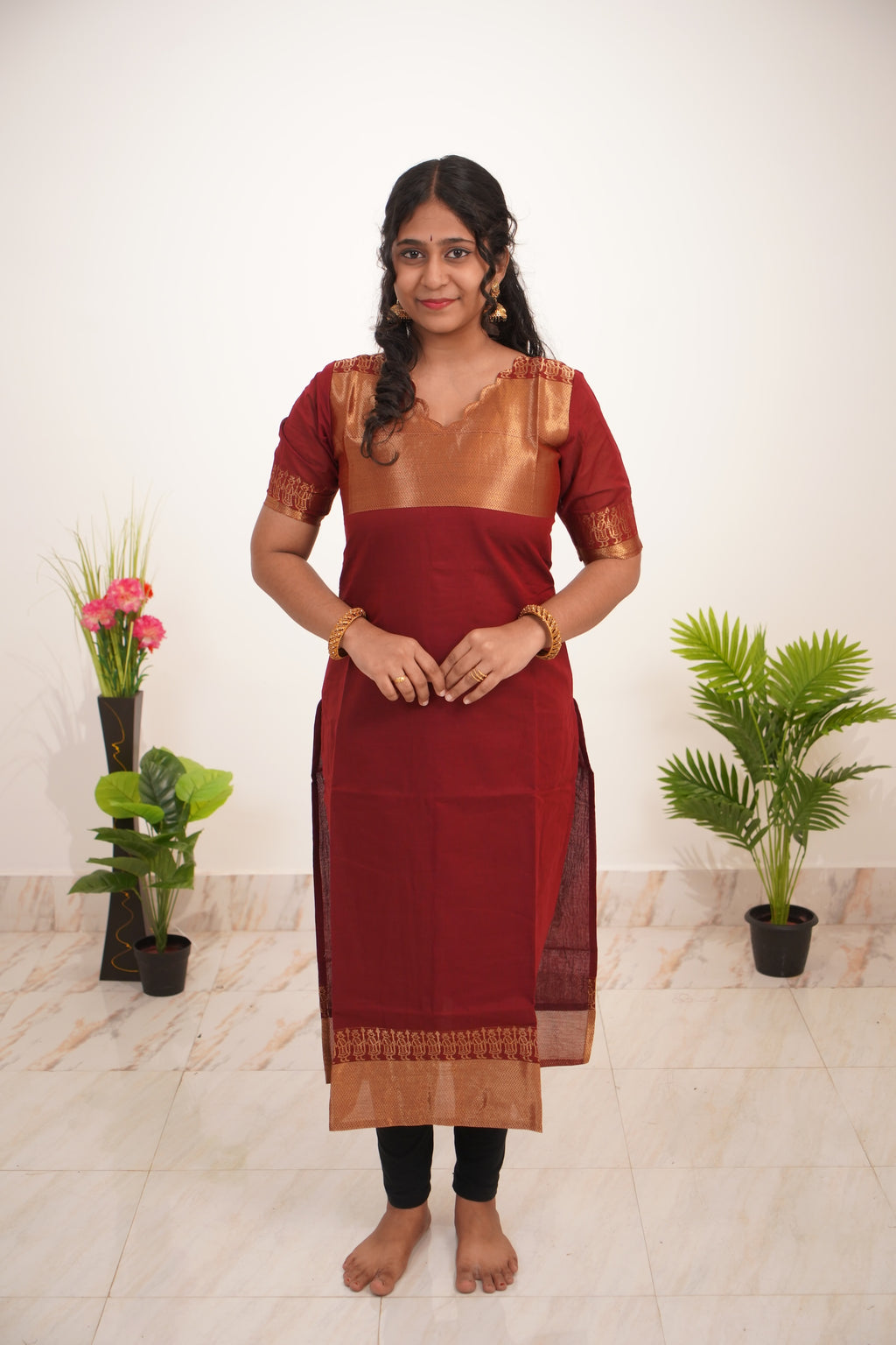 Red with Golden Border Chettinad Cotton  Kurti - #NK016