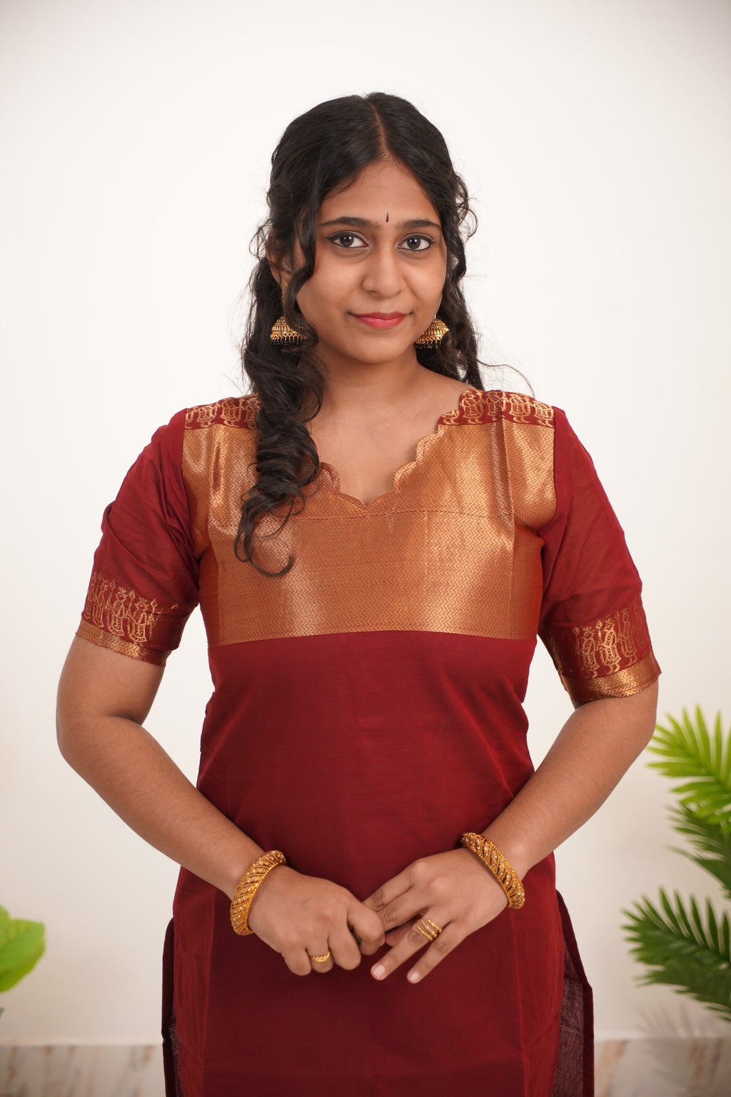 Red with Golden Border Chettinad Cotton  Kurti - #NK016