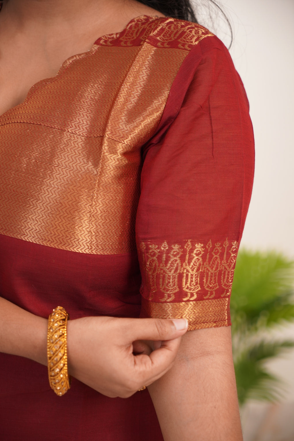 Red with Golden Border Chettinad Cotton  Kurti - #NK016