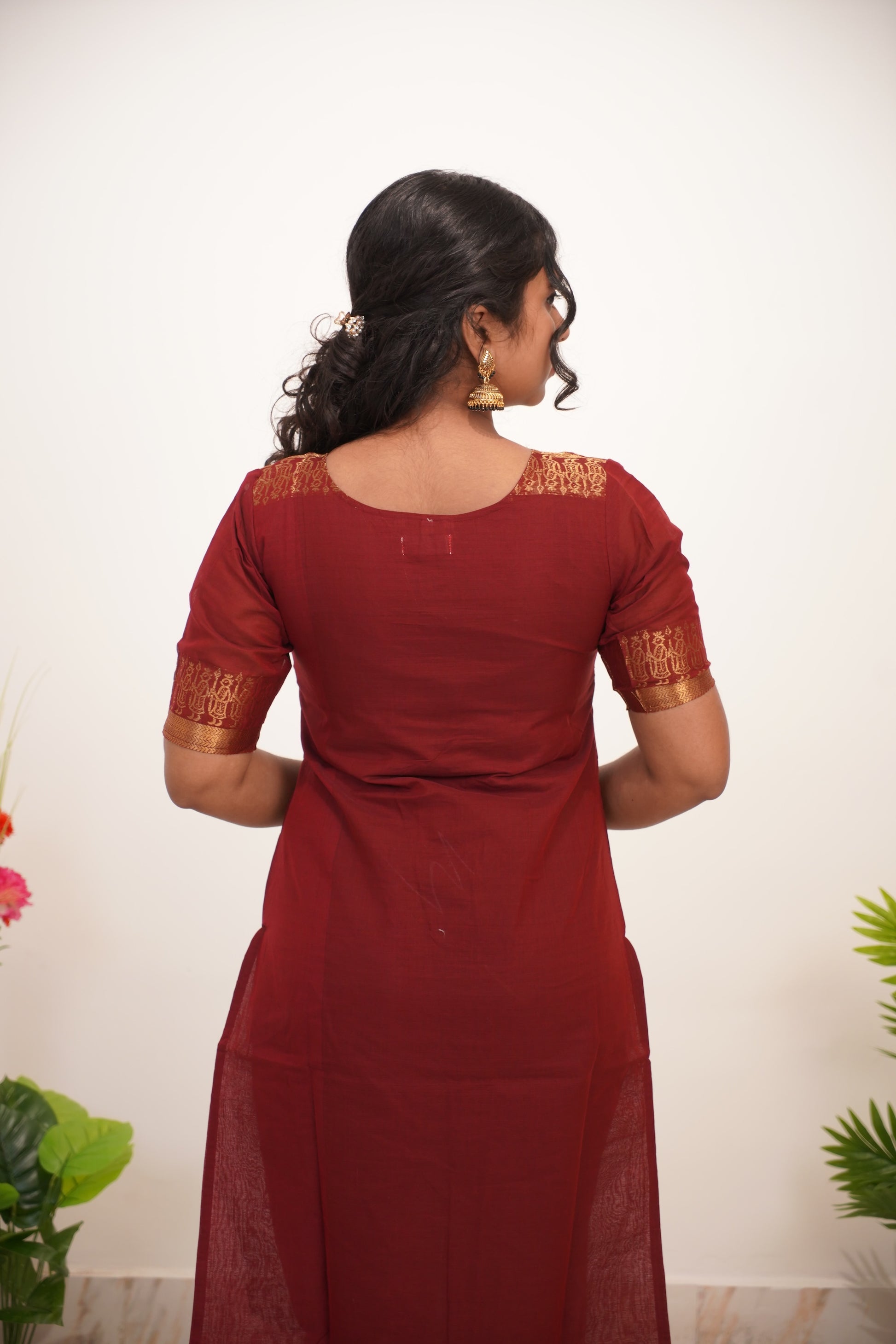 Red with Golden Border Chettinad Cotton  Kurti - #NK016