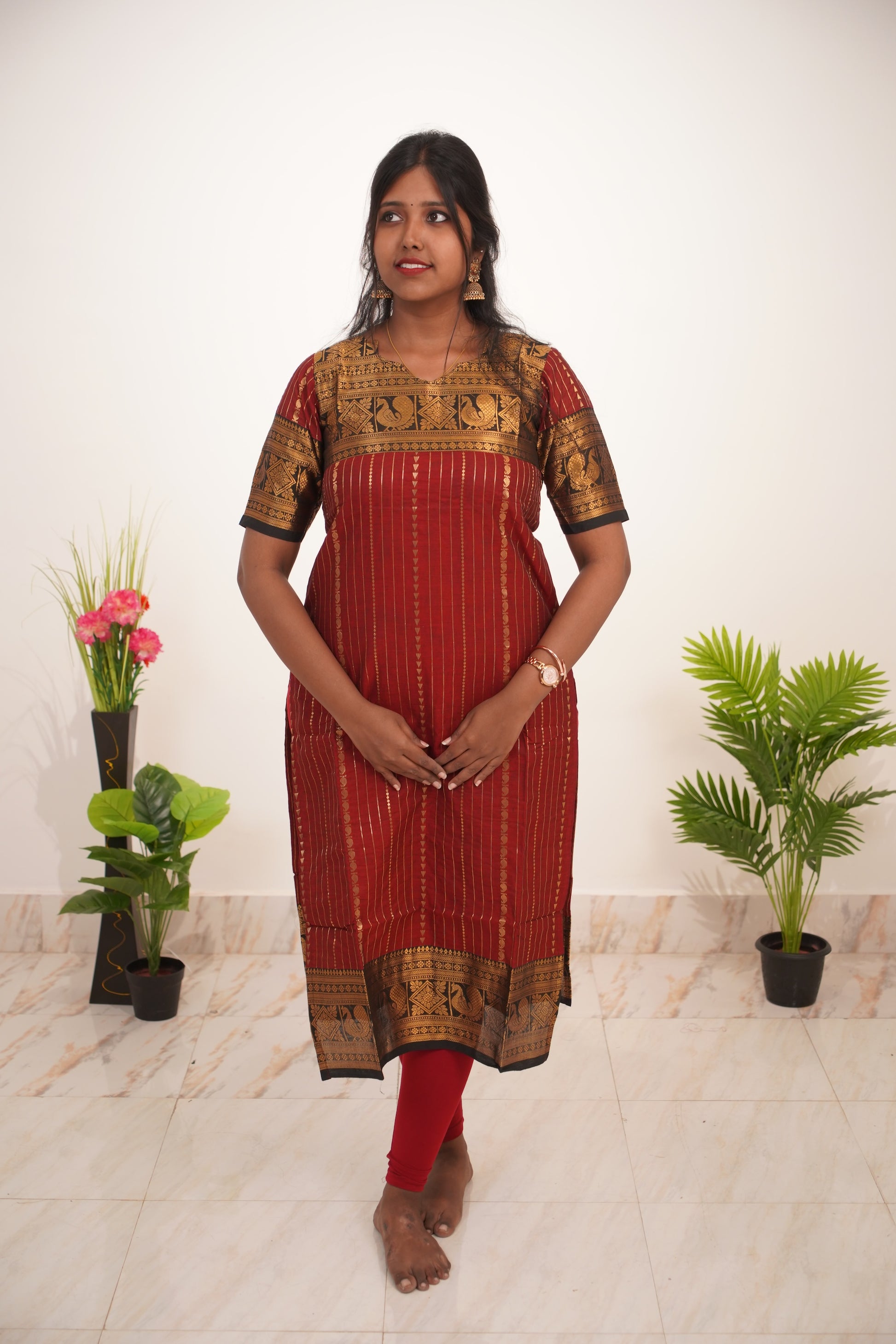 Red with Brown Border Chettinad Cotton  Kurti - #NK017