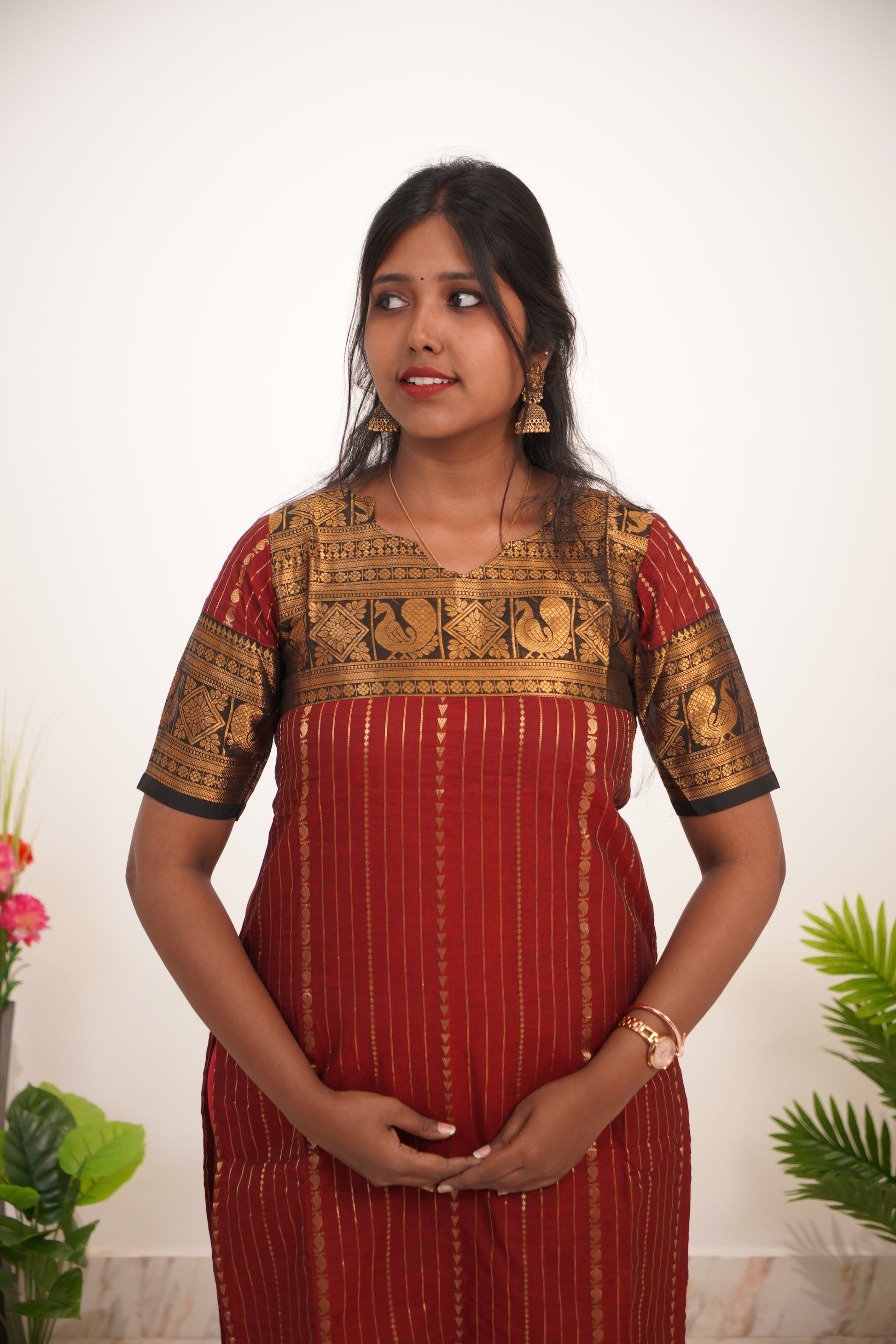 Red with Brown Border Chettinad Cotton  Kurti - #NK017