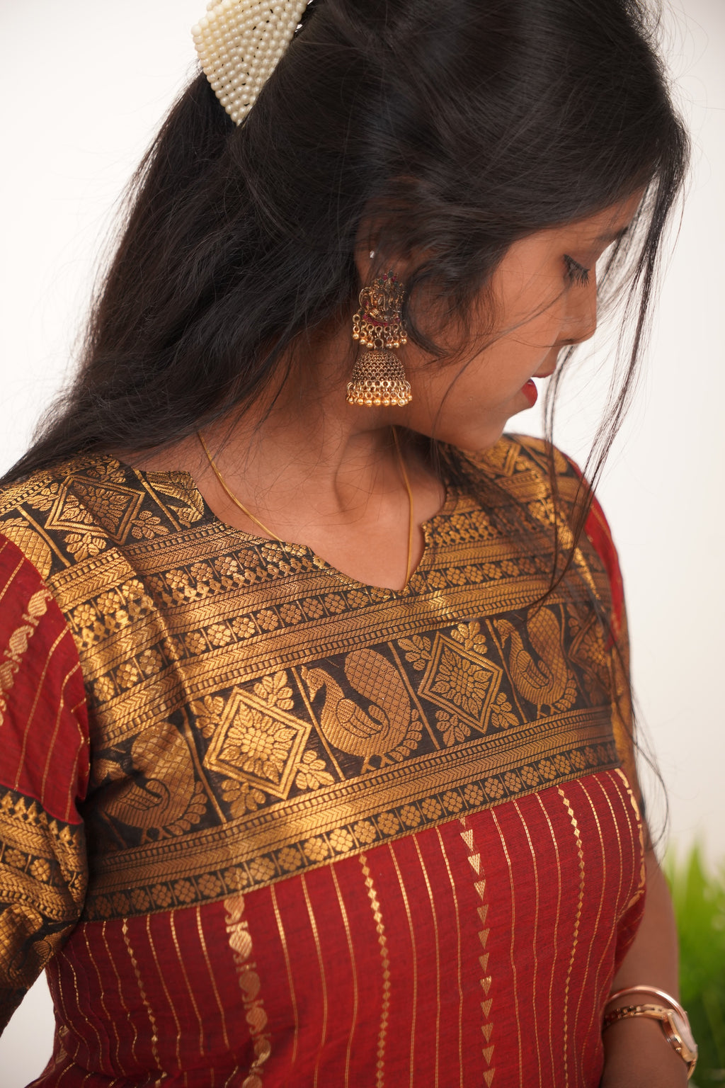 Red with Brown Border Chettinad Cotton  Kurti - #NK017