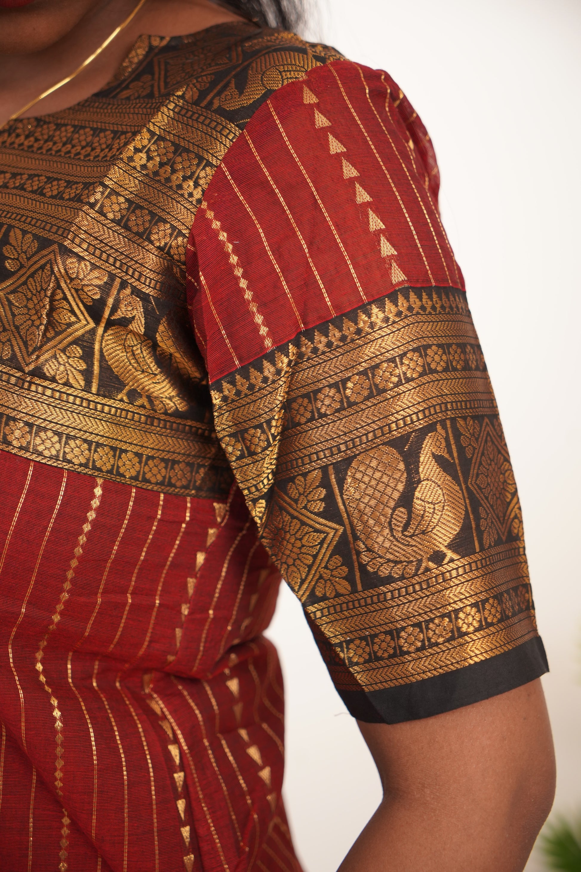 Red with Brown Border Chettinad Cotton  Kurti - #NK017