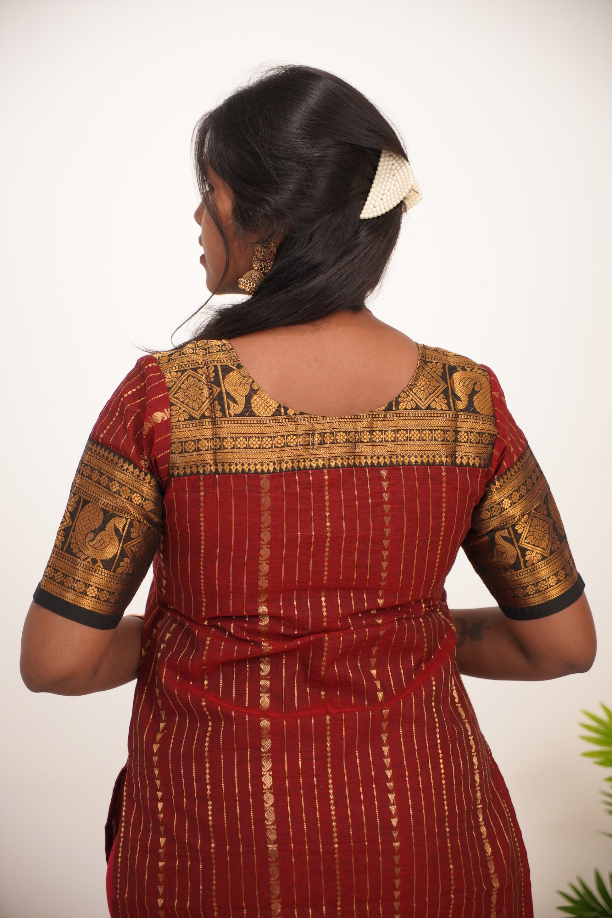 Red with Brown Border Chettinad Cotton  Kurti - #NK017