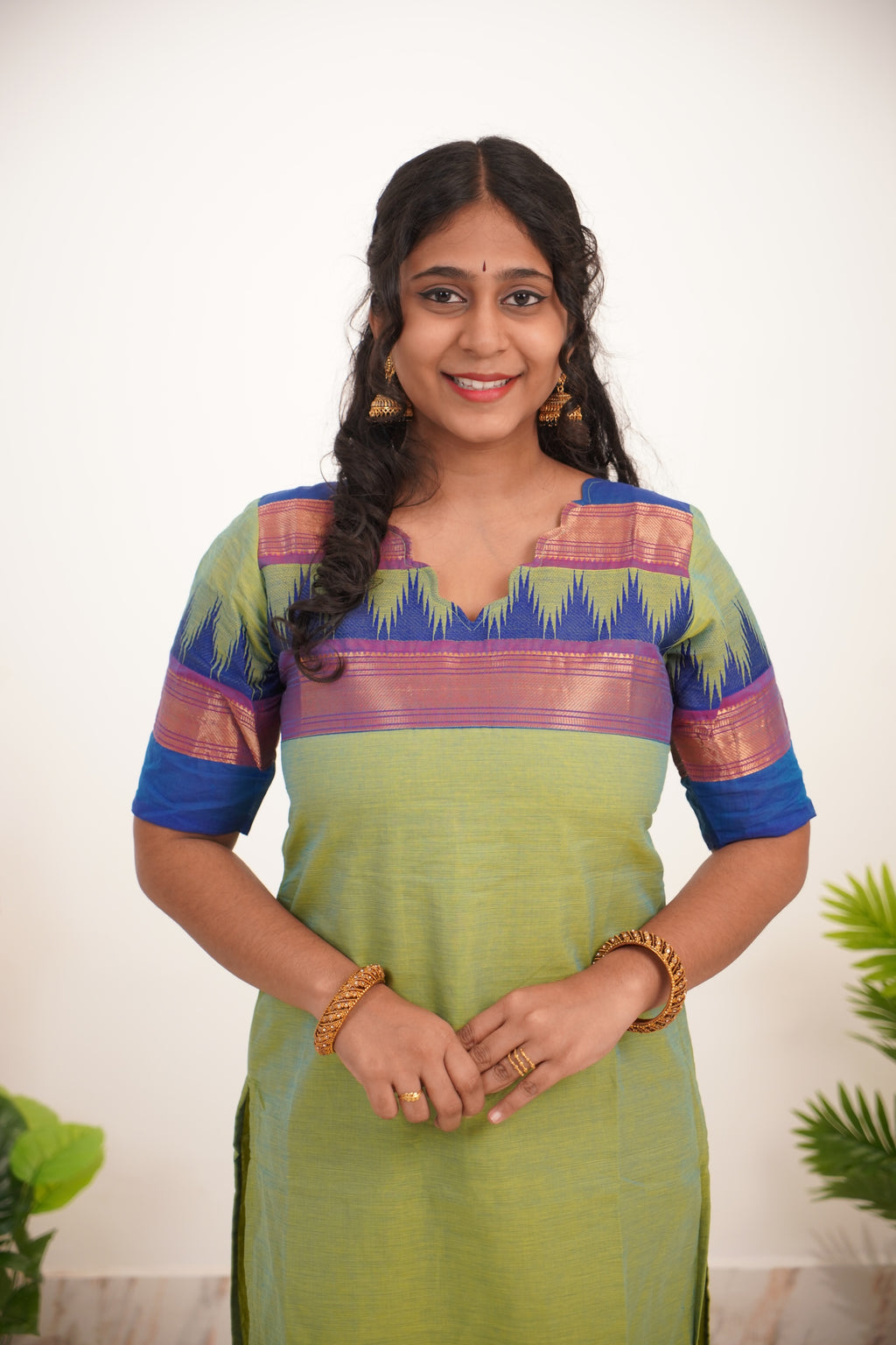 Ilai Green with Blue Border Chettinad Cotton  Kurti - #NK018