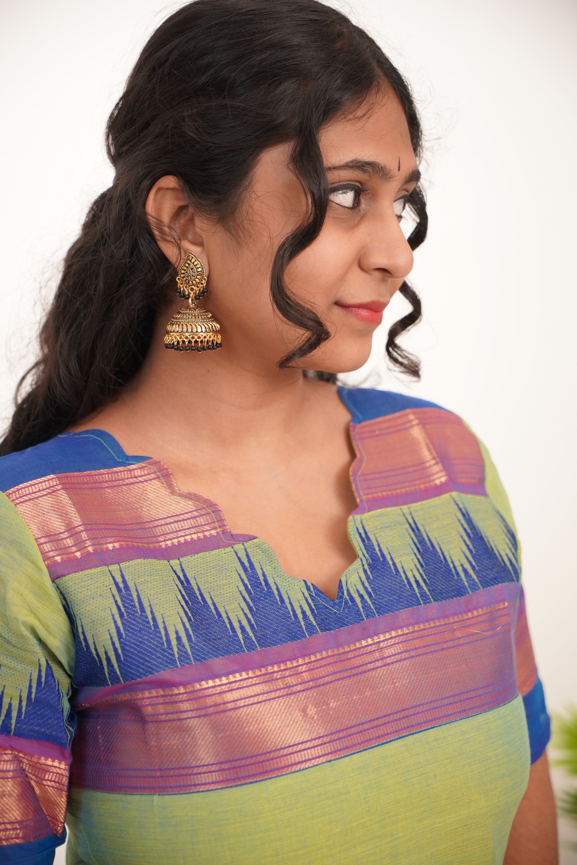 Ilai Green with Blue Border Chettinad Cotton  Kurti - #NK018