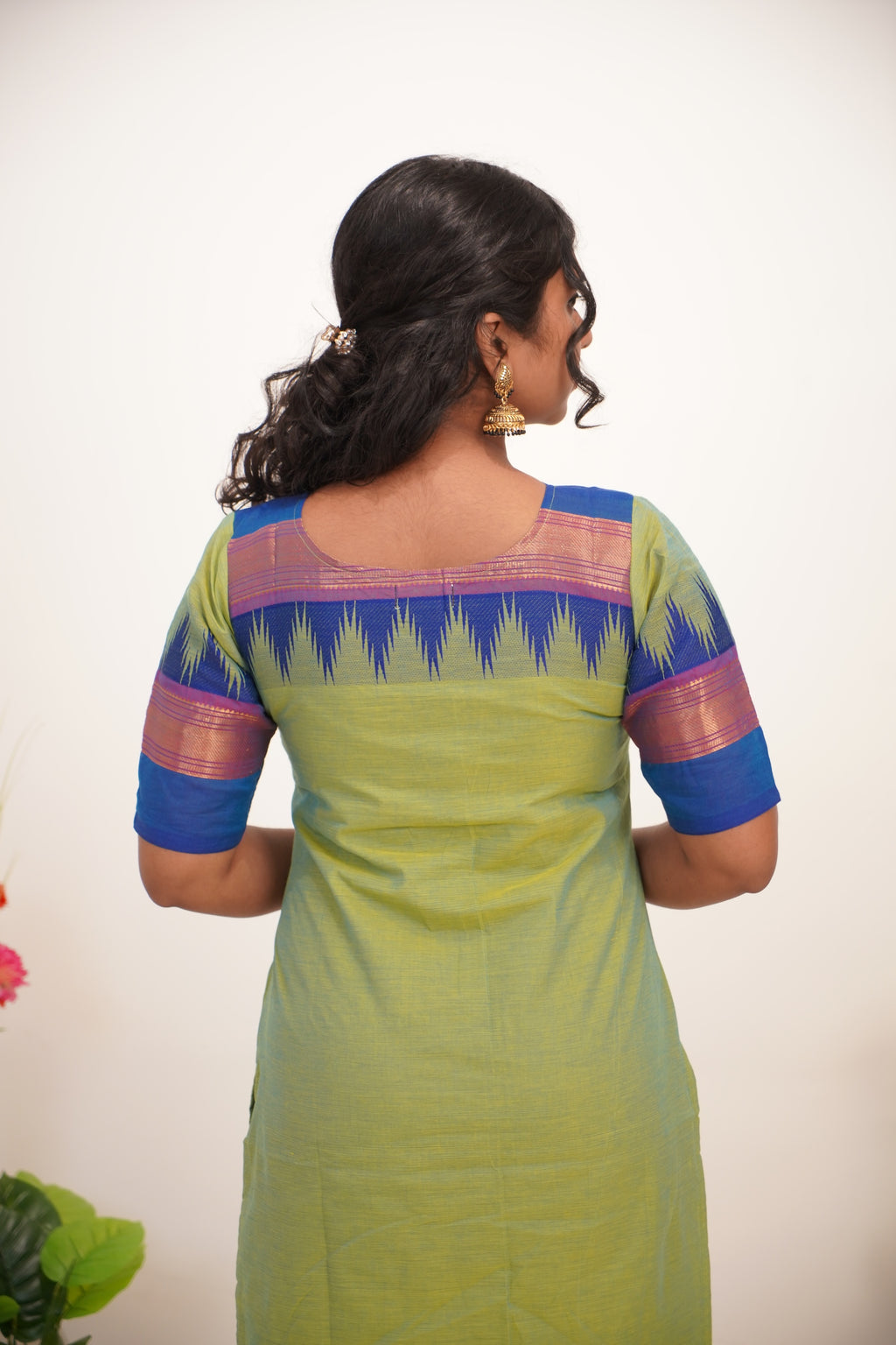 Ilai Green with Blue Border Chettinad Cotton  Kurti - #NK018