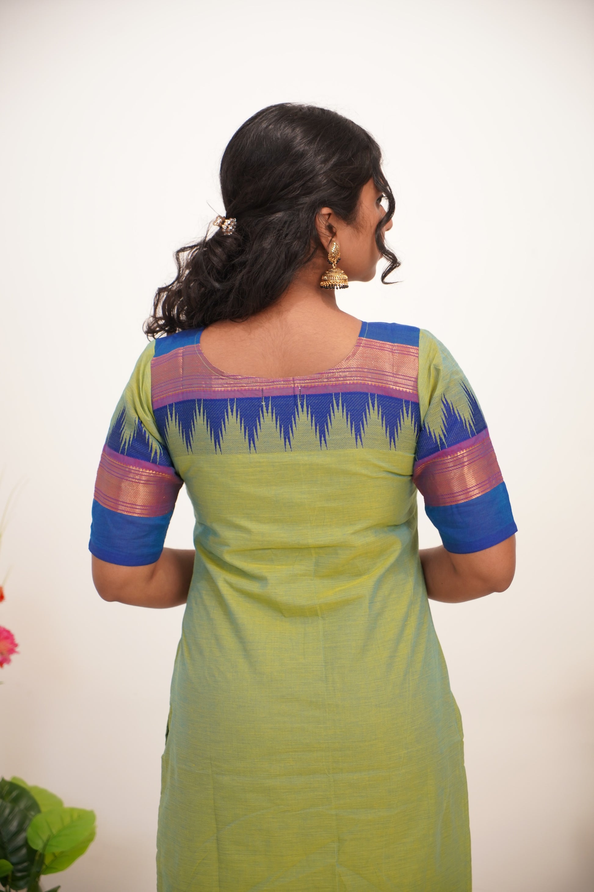 Ilai Green with Blue Border Chettinad Cotton  Kurti - #NK018