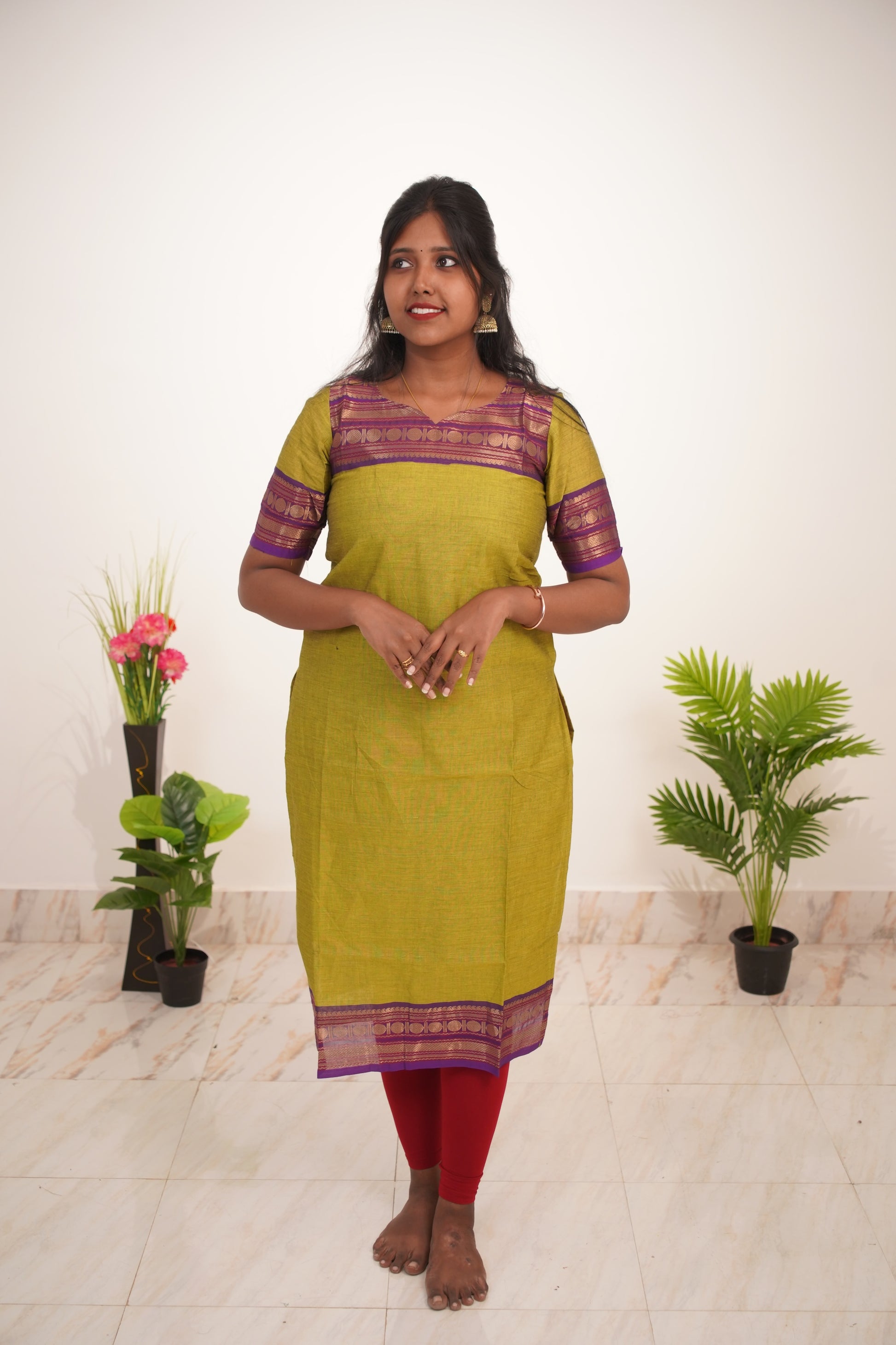 Green with Purple Border Chettinad Cotton  Kurti - #NK019