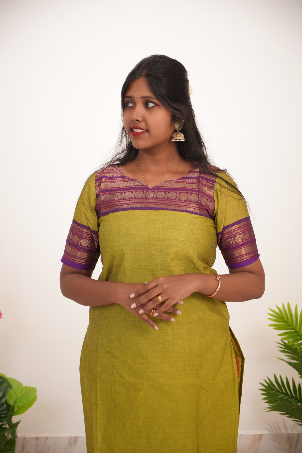 Green with Purple Border Chettinad Cotton  Kurti - #NK019