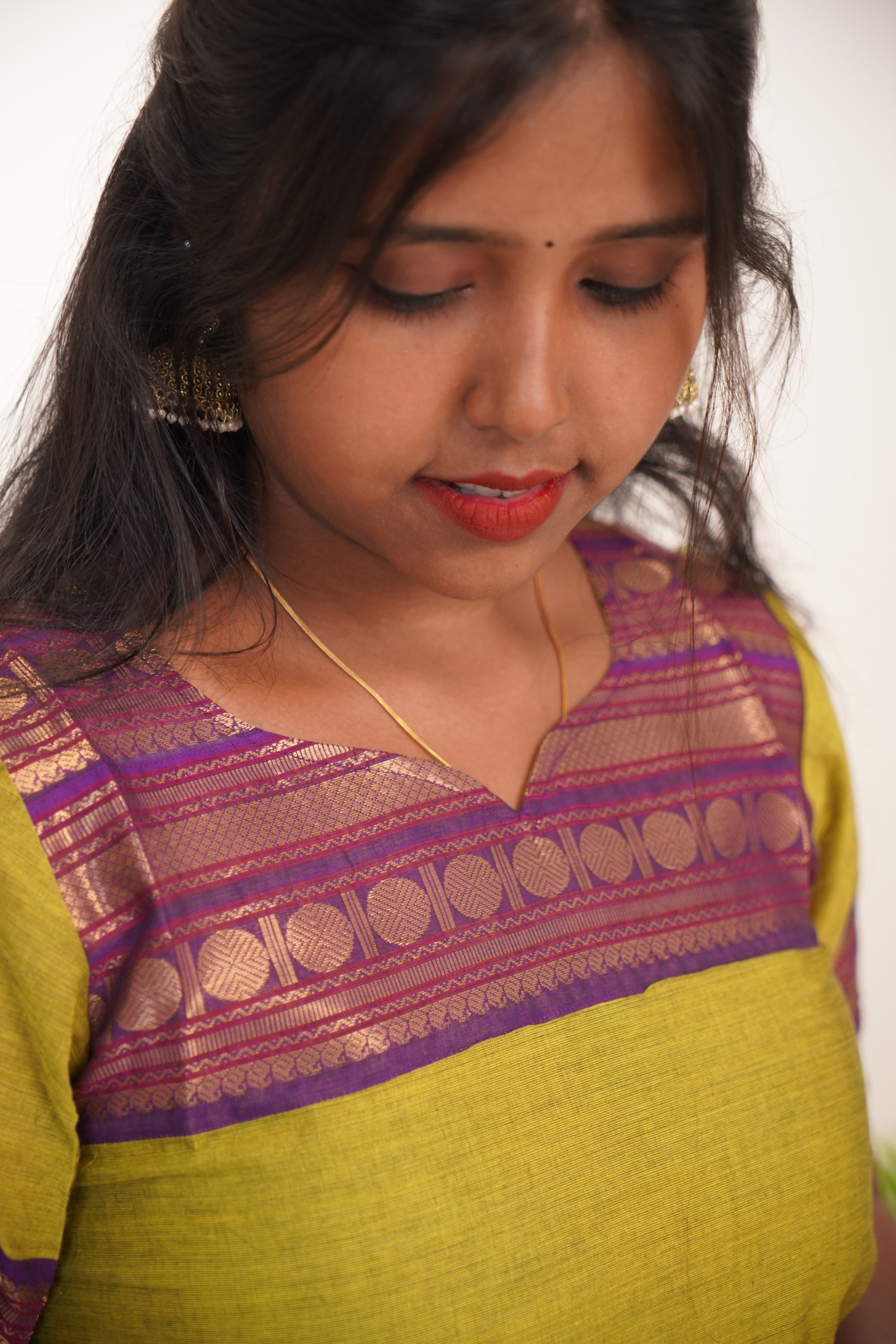 Green with Purple Border Chettinad Cotton  Kurti - #NK019