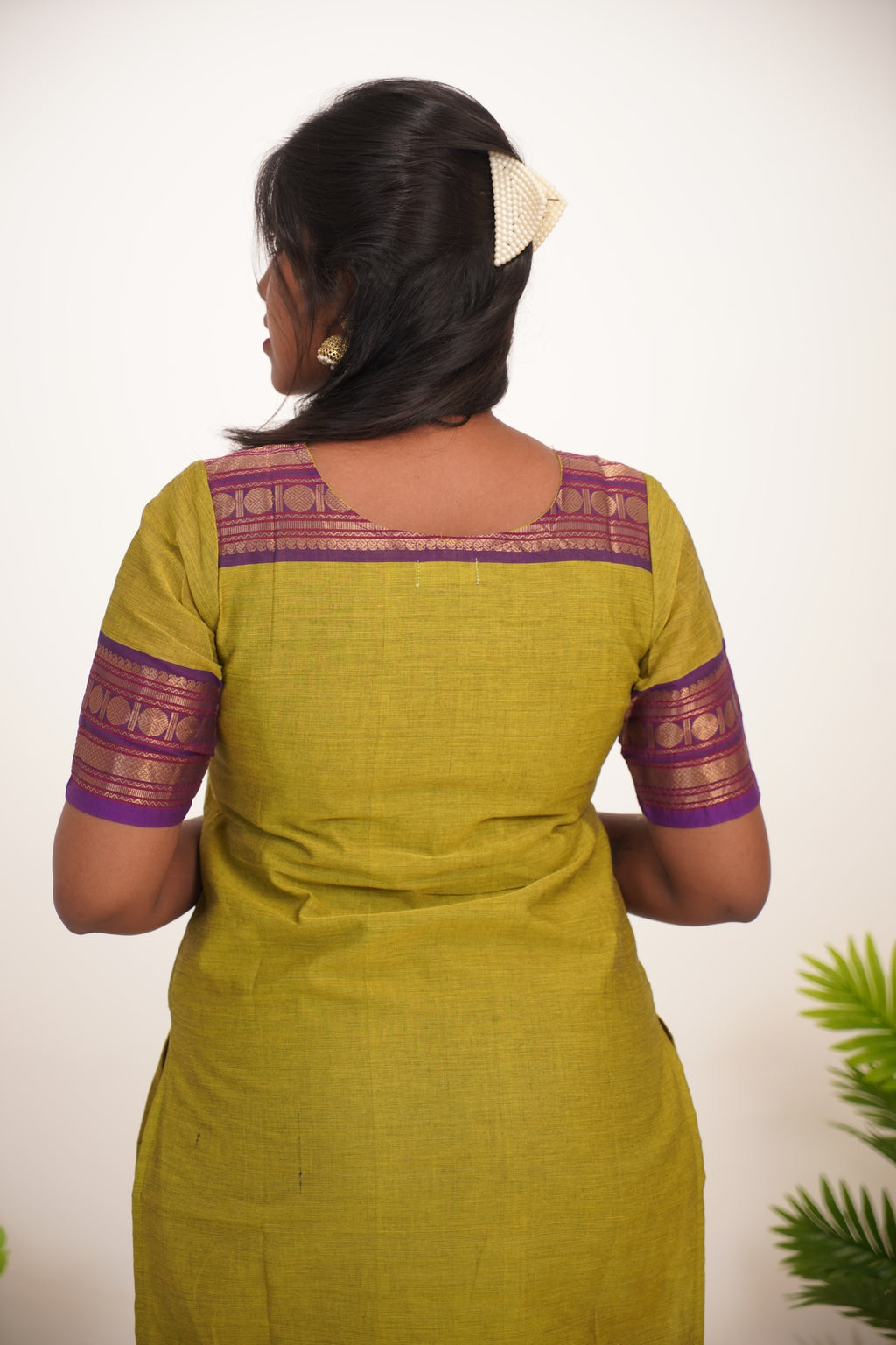 Green with Purple Border Chettinad Cotton  Kurti - #NK019