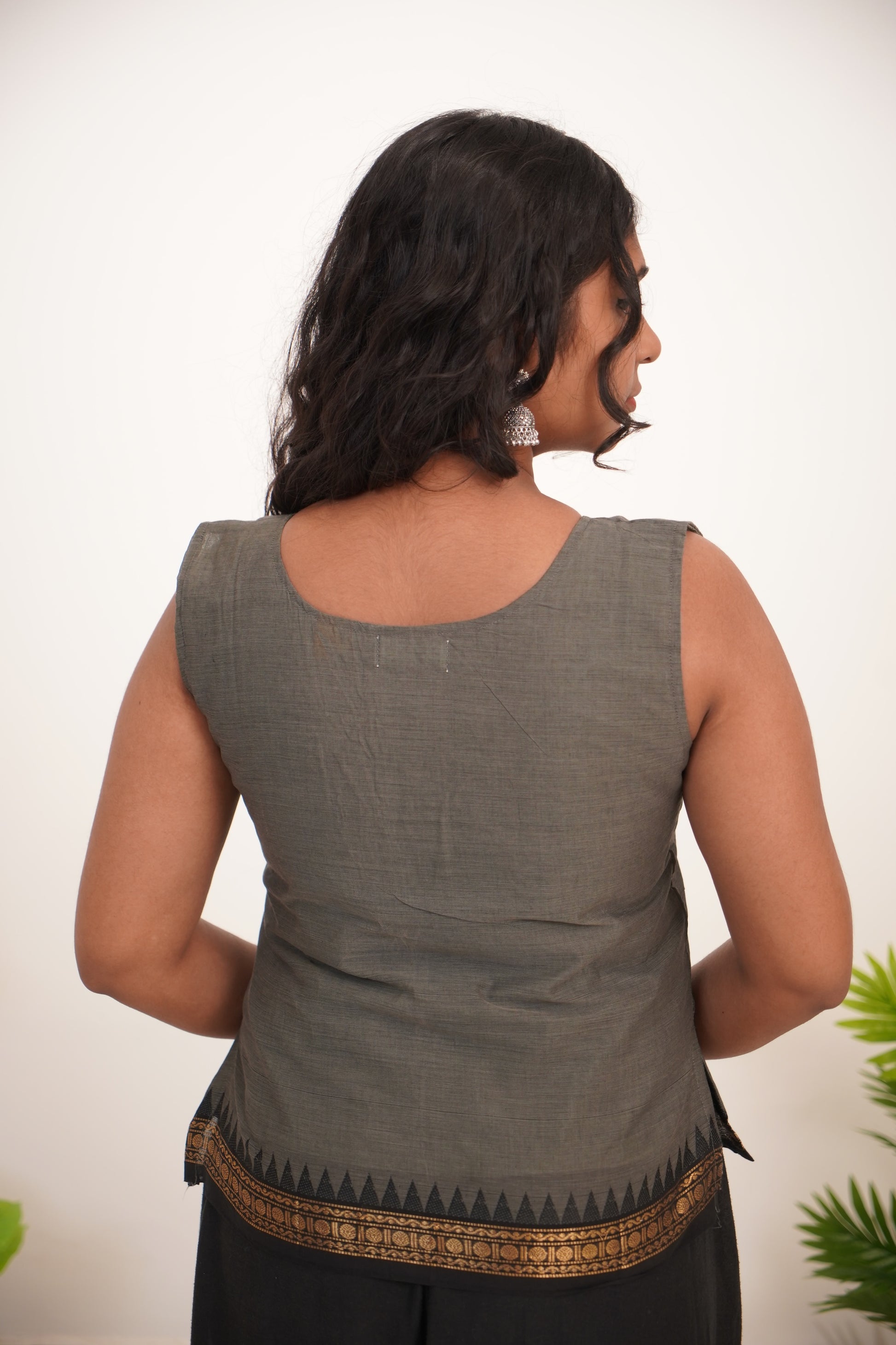 Gray with Black Border Chettinad Cotton Short Kurti - #NST002