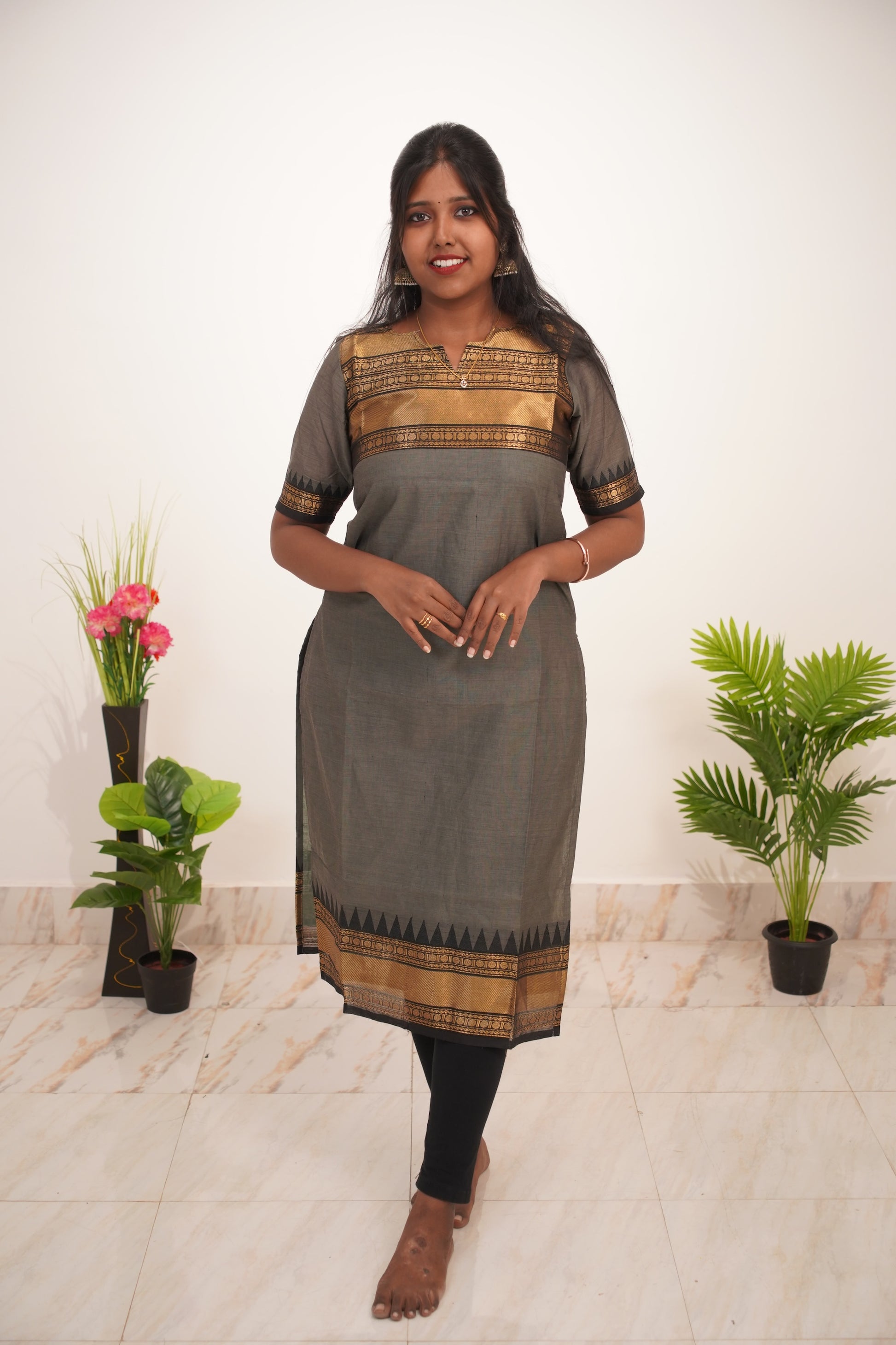 Gray with Black Border Chettinad Cotton  Kurti - #NK020