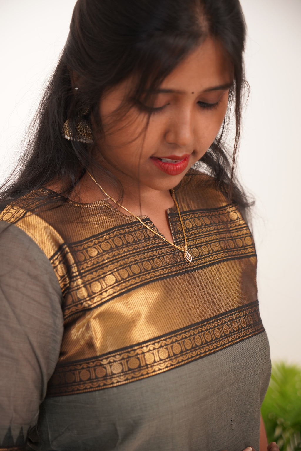 Gray with Black Border Chettinad Cotton  Kurti - #NK020