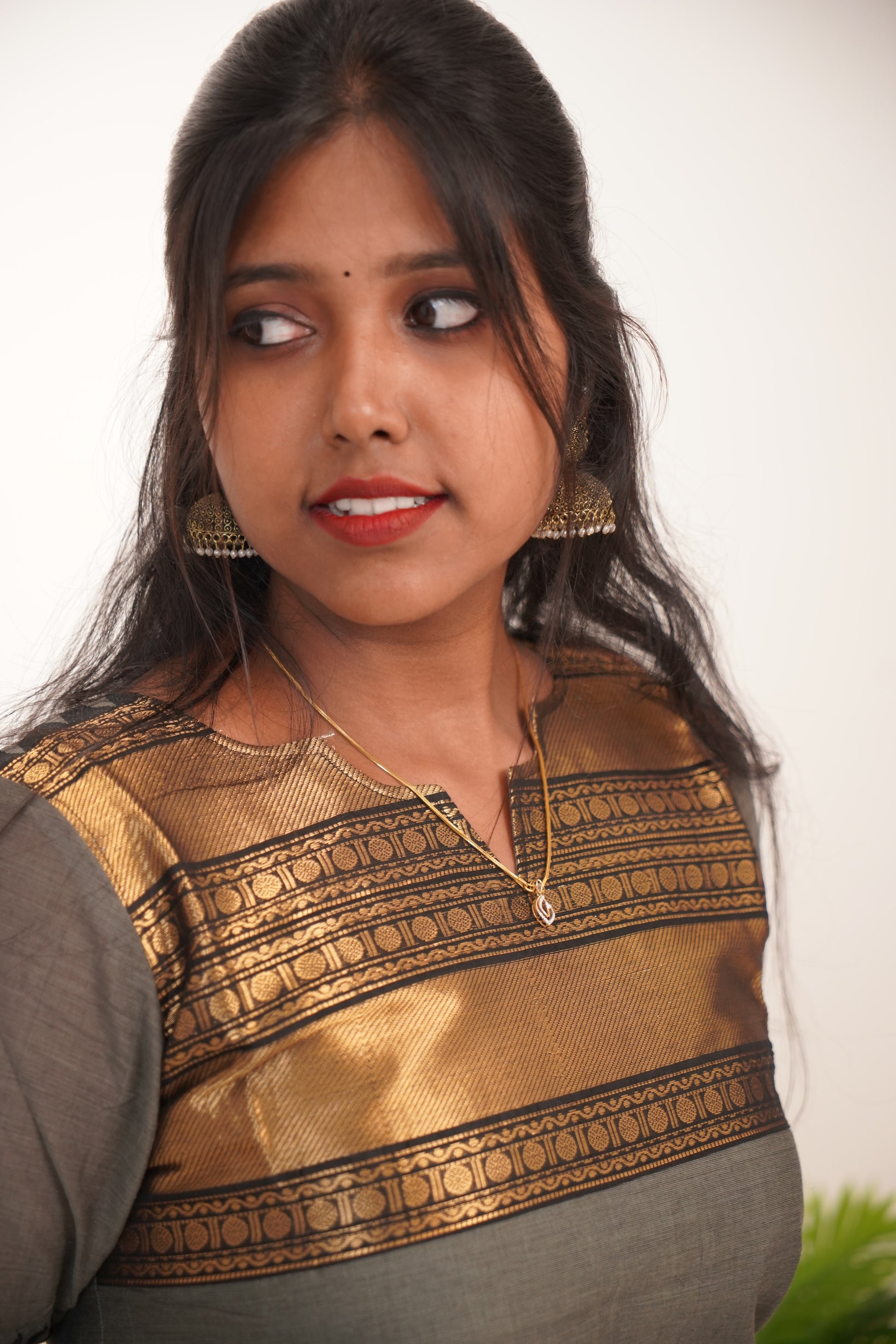 Gray with Black Border Chettinad Cotton  Kurti - #NK020