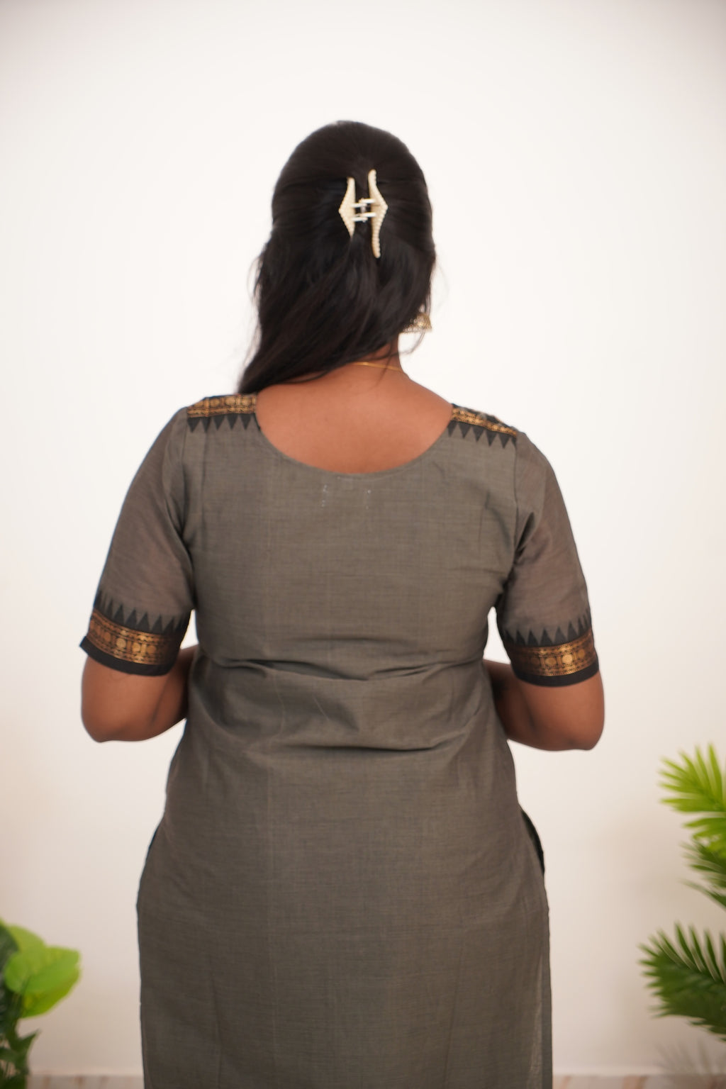 Gray with Black Border Chettinad Cotton  Kurti - #NK020