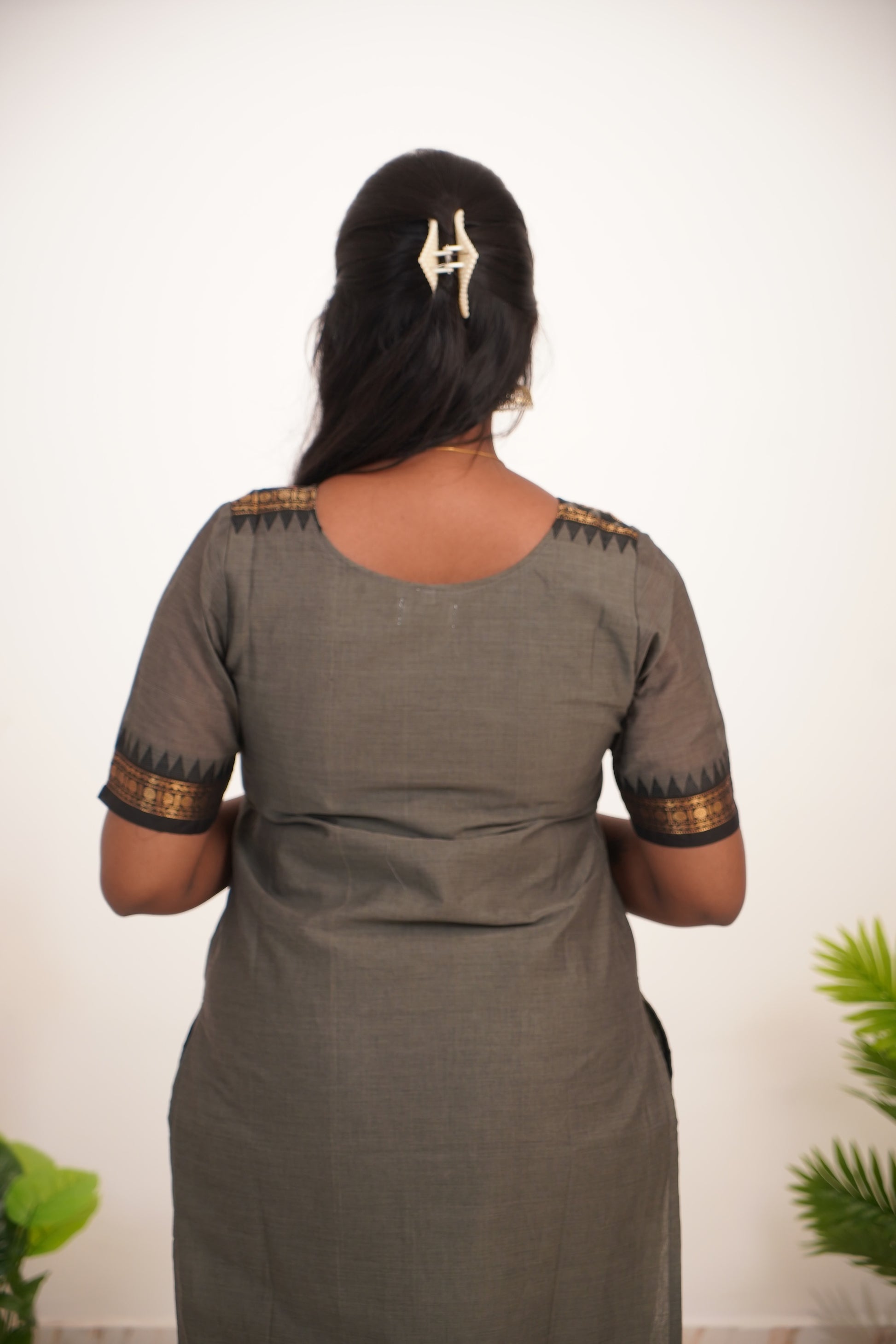 Gray with Black Border Chettinad Cotton  Kurti - #NK020