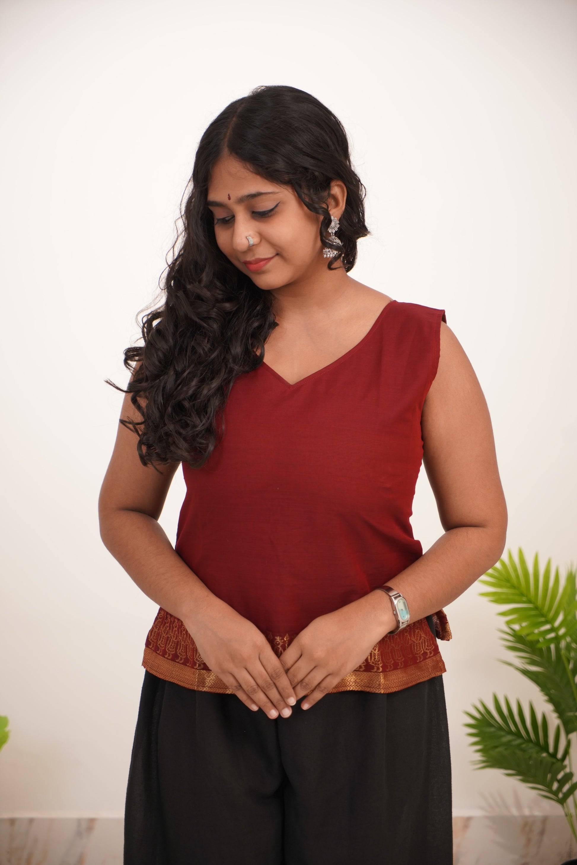 Red with Golden Border Chettinad Cotton Short Kurti - #NST003