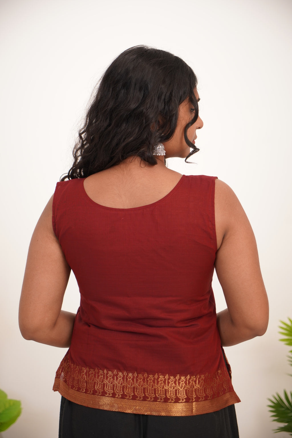 Red with Golden Border Chettinad Cotton Short Kurti - #NST003