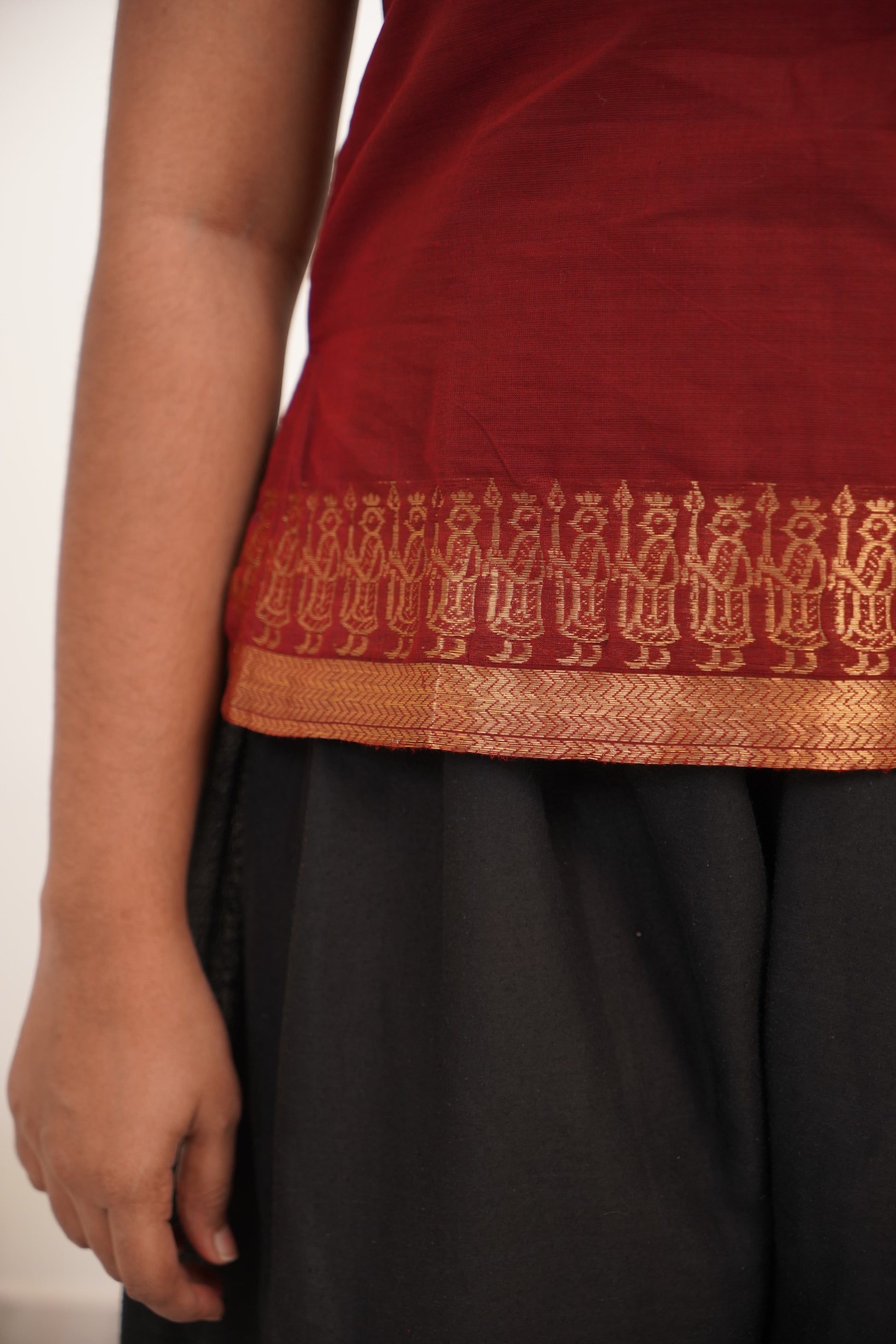 Red with Golden Border Chettinad Cotton Short Kurti - #NST003