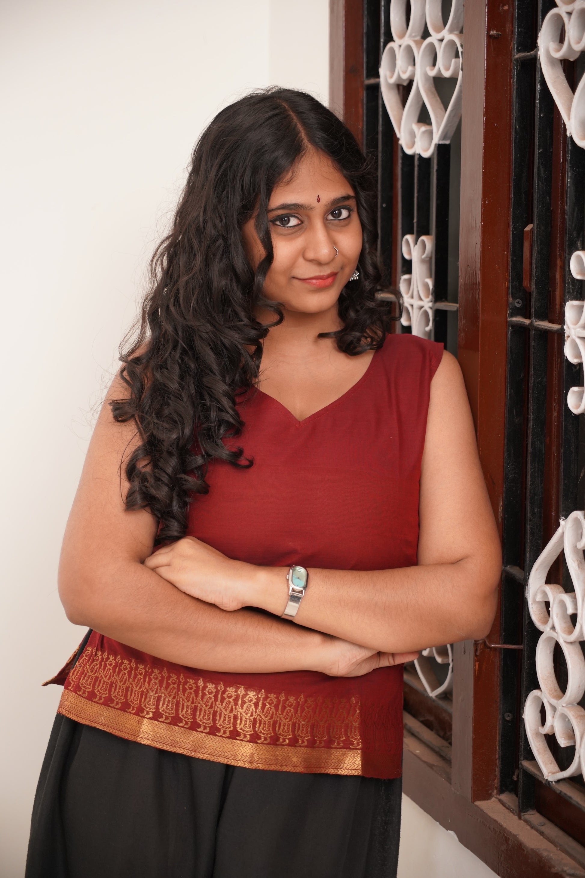 Red with Golden Border Chettinad Cotton Short Kurti - #NST003