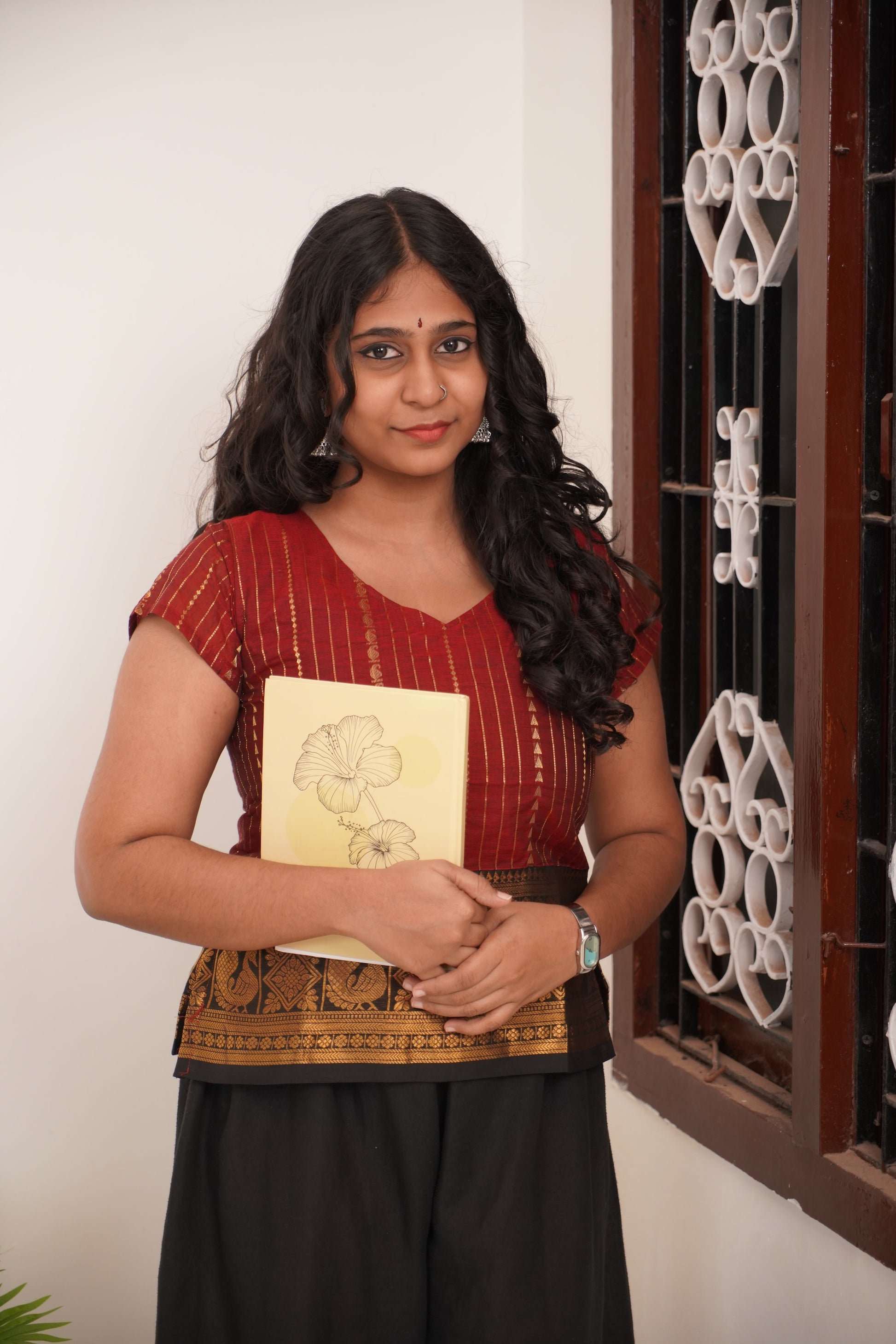 Maroon with Black Border Chettinad Cotton Short Kurti - #NST004