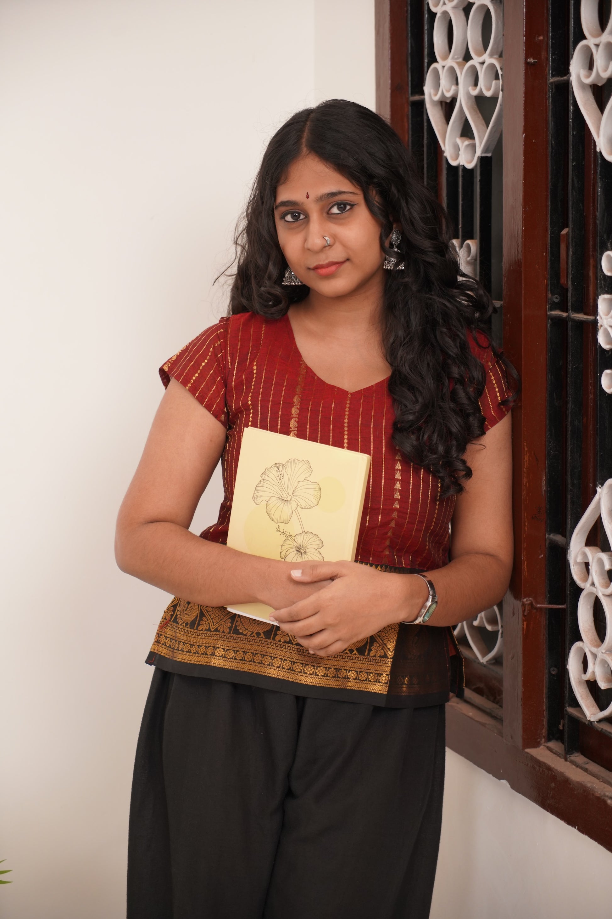 Maroon with Black Border Chettinad Cotton Short Kurti - #NST004