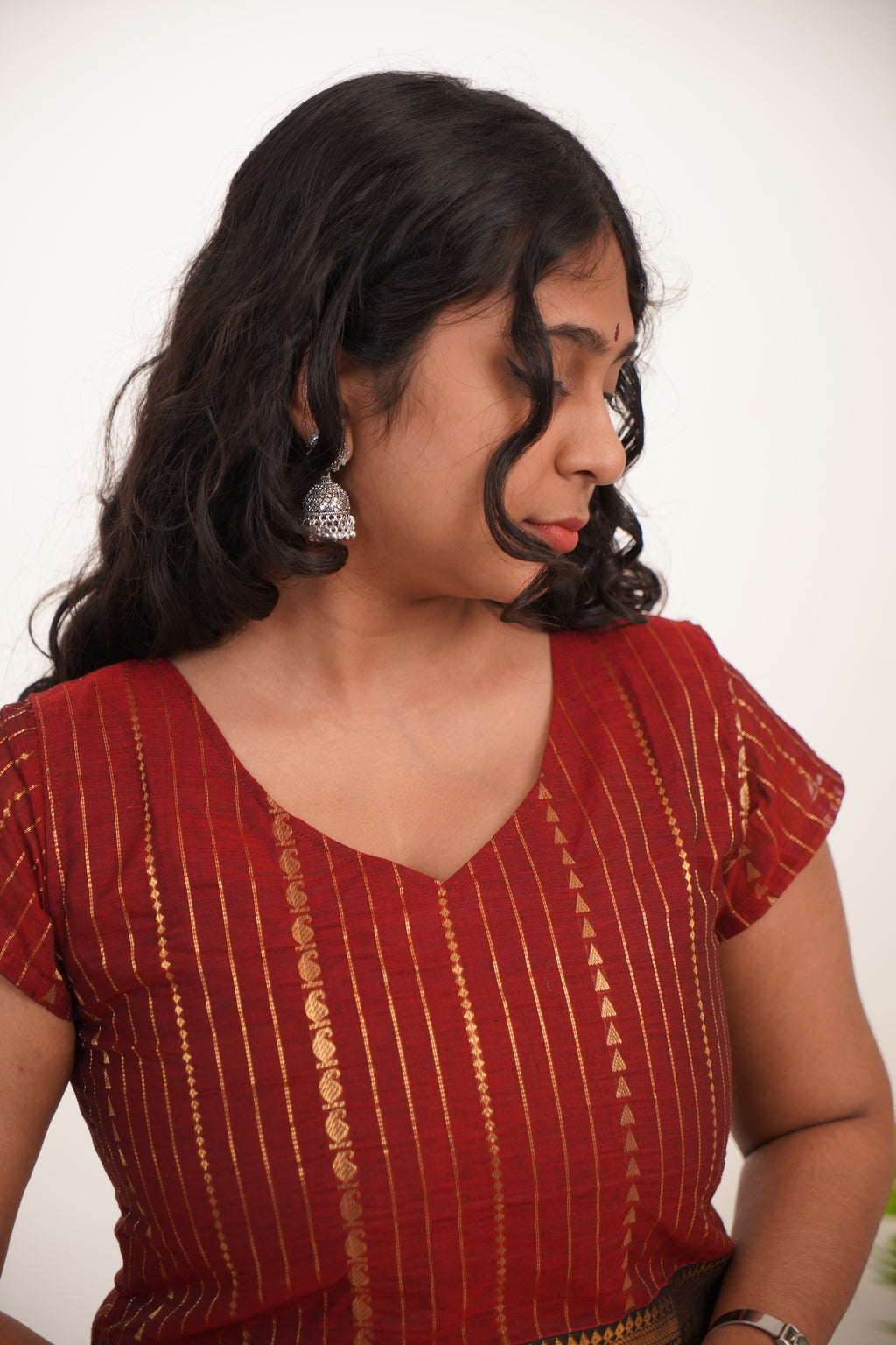 Maroon with Black Border Chettinad Cotton Short Kurti - #NST004