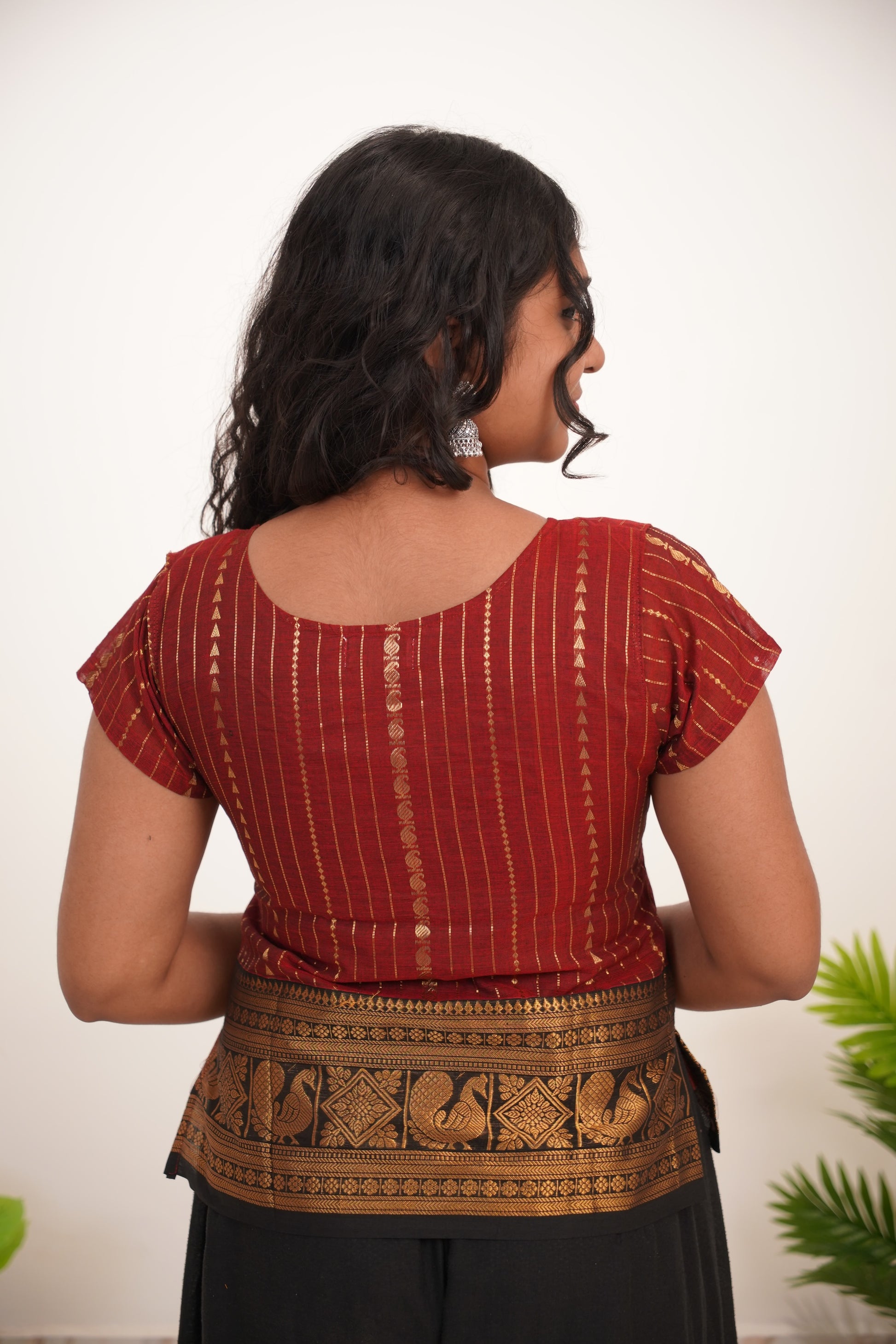 Maroon with Black Border Chettinad Cotton Short Kurti - #NST004