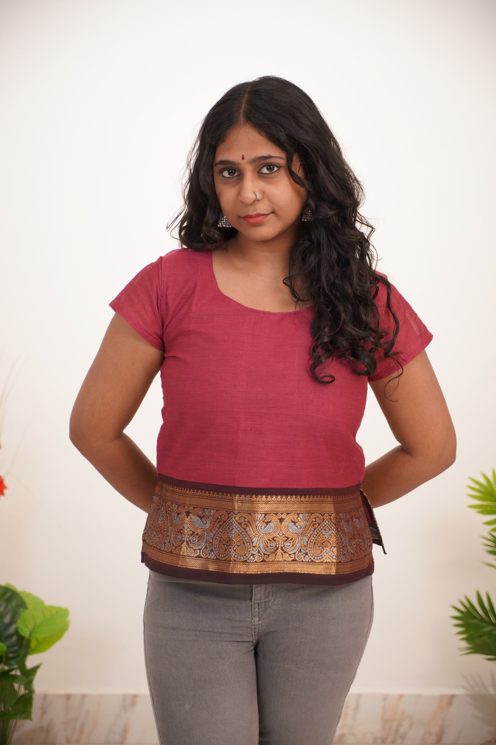 Pink with Brown Chettinad Cotton Short Kurti - #NST005