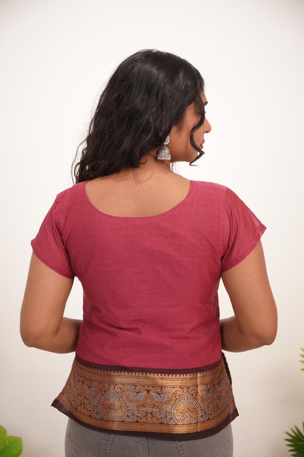 Pink with Brown Chettinad Cotton Short Kurti - #NST005