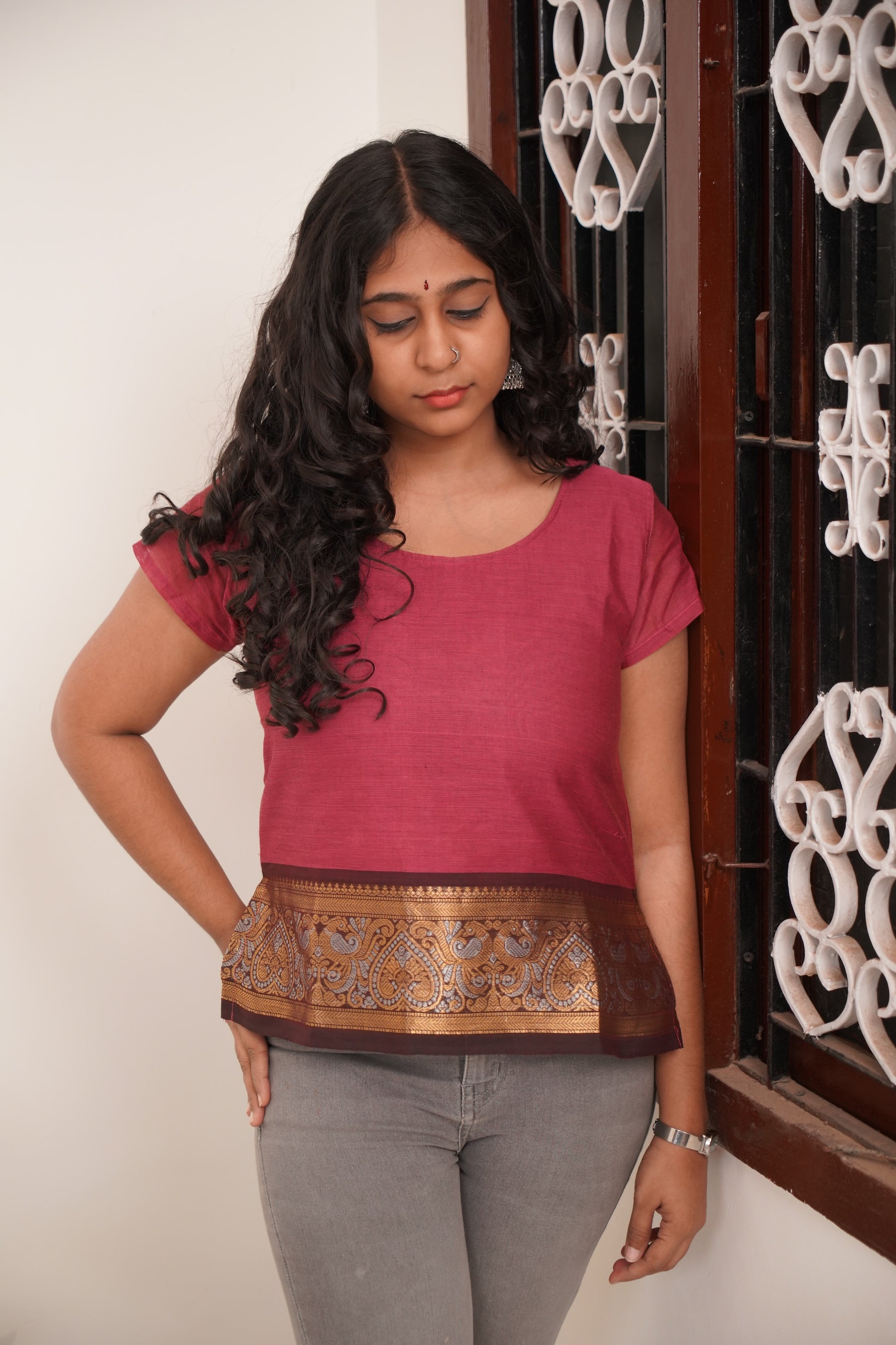 Pink with Brown Chettinad Cotton Short Kurti - #NST005
