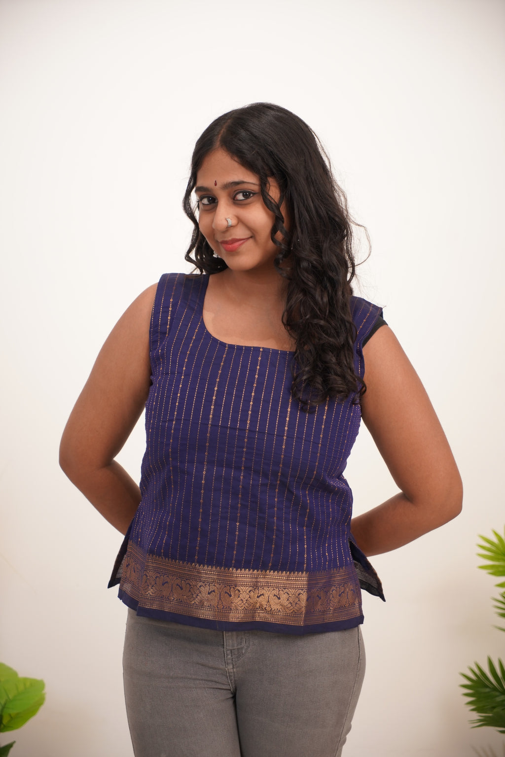 Dark Blue Chettinad Cotton Short Kurti - #NST006